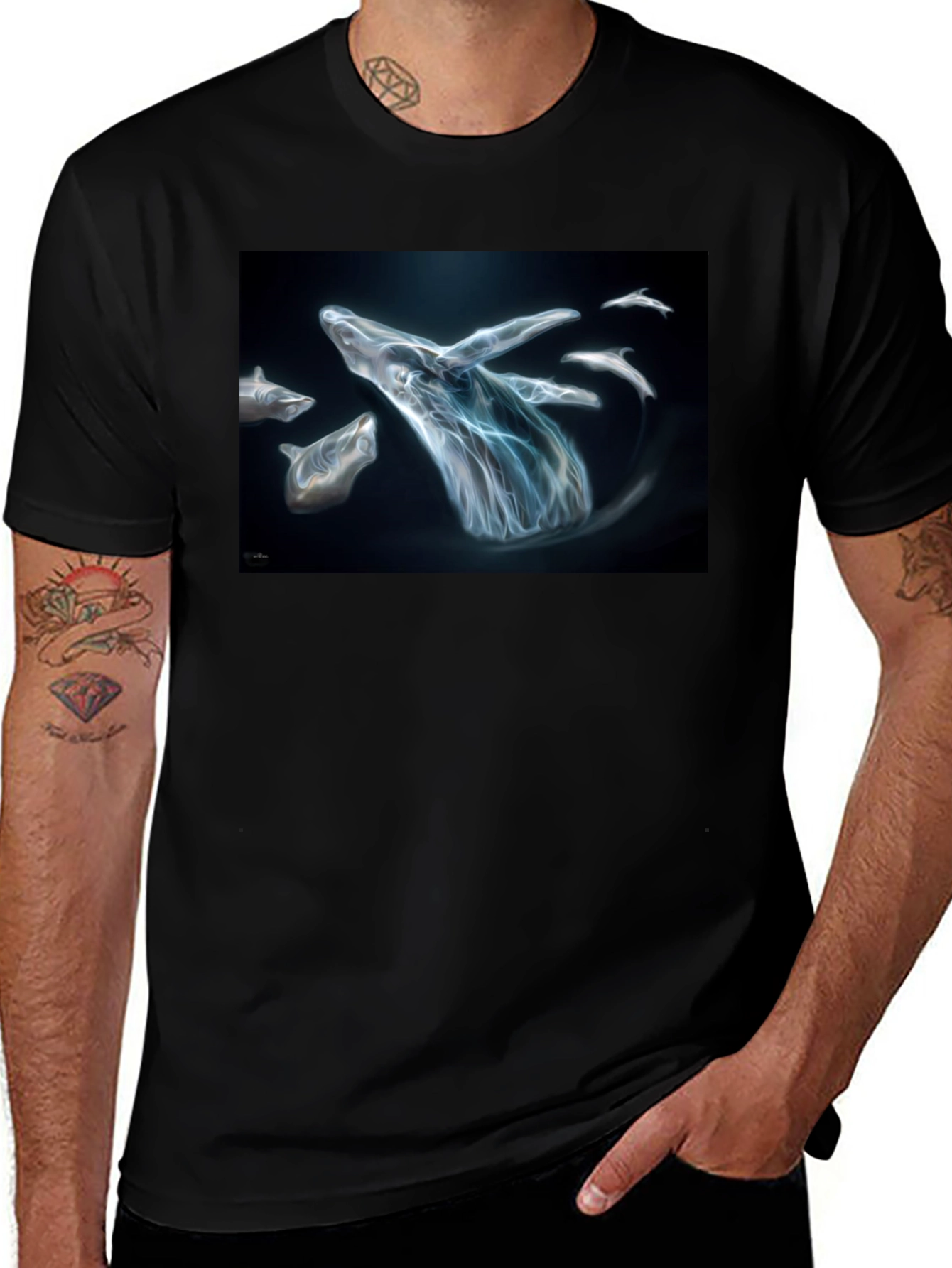 Variant 23 of Whale Pod Graphic T-Shirt - Black Cotton Tee