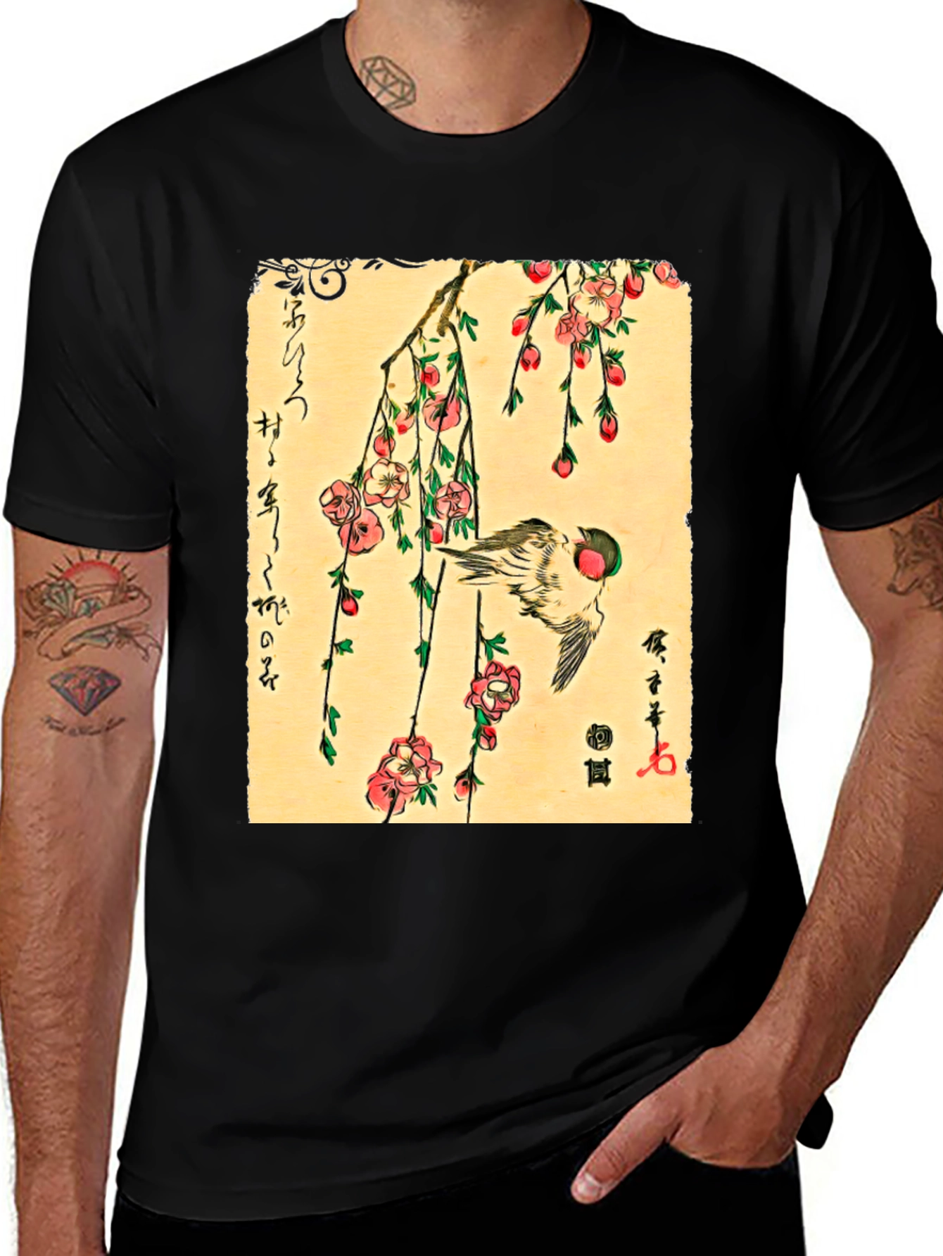 Ukiyo-e Bird and Blossom Print Black T-Shirt