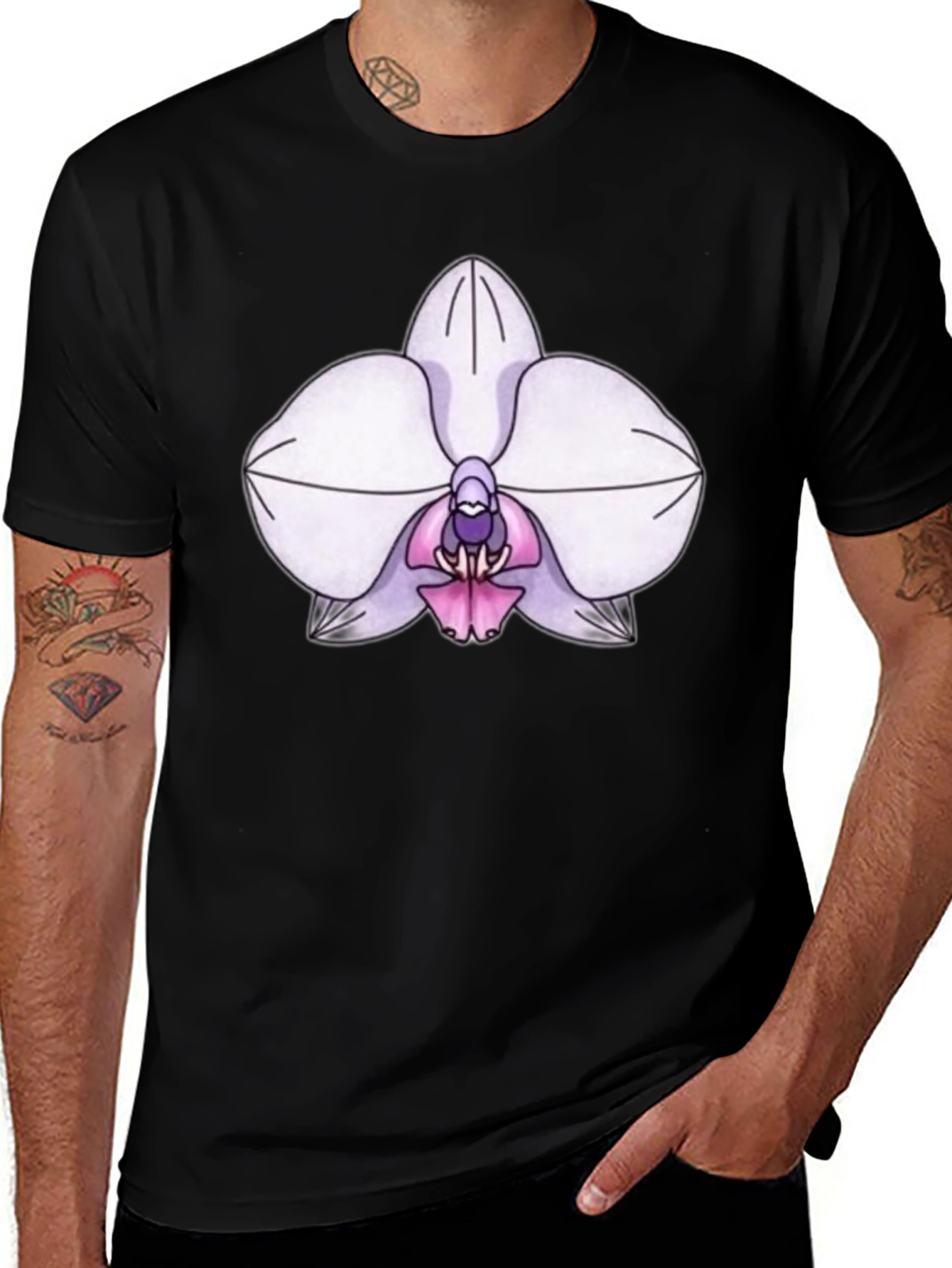 Variant 8 of Orchid Flower Print T-Shirt - Black Casual Tee