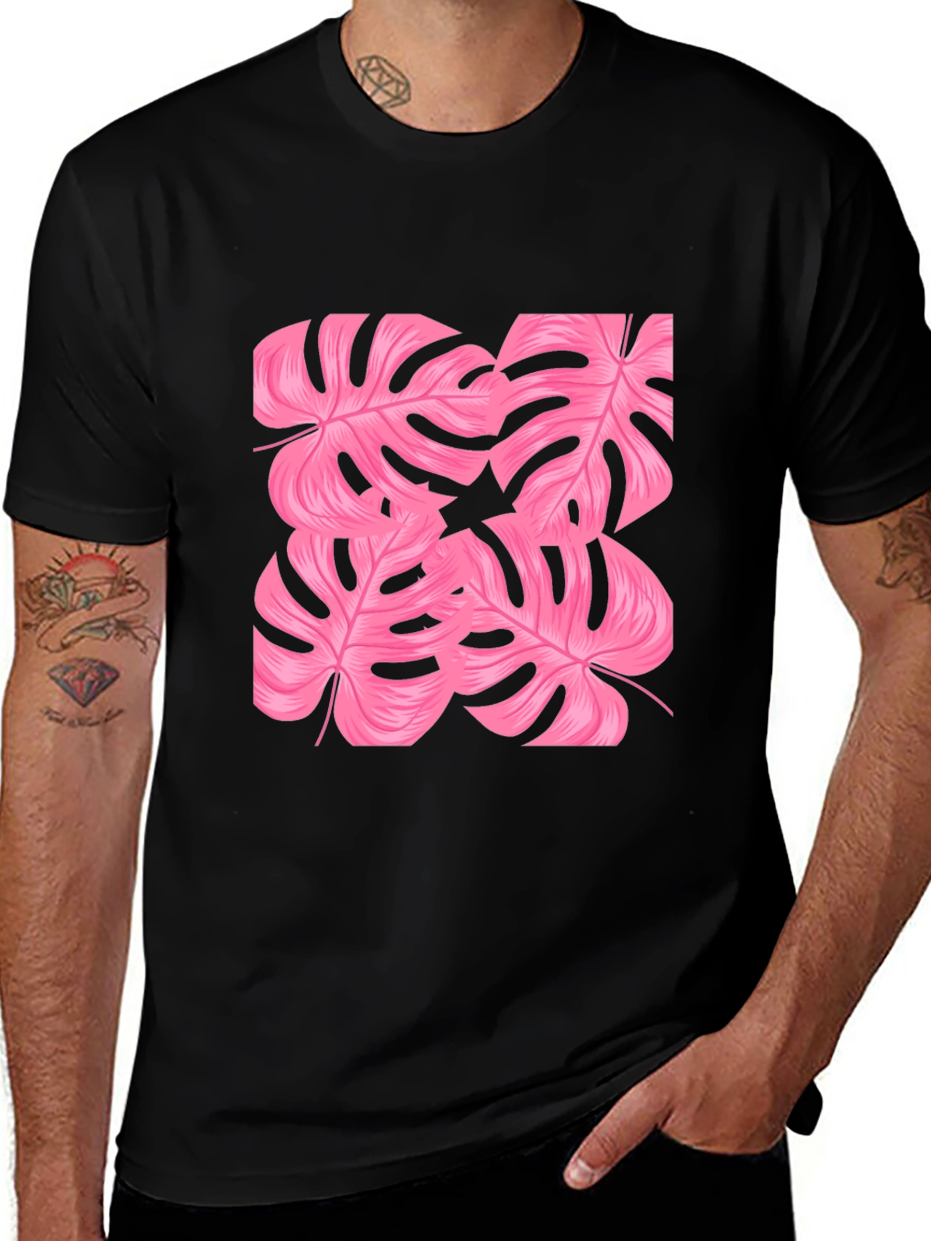 Tropical Pink Monstera Leaf Print Black T-Shirt