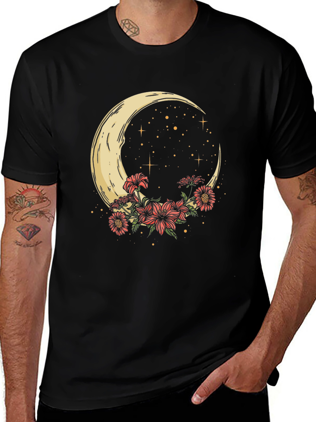 Variant 6 of Crescent Moon & Floral Print Black Tee