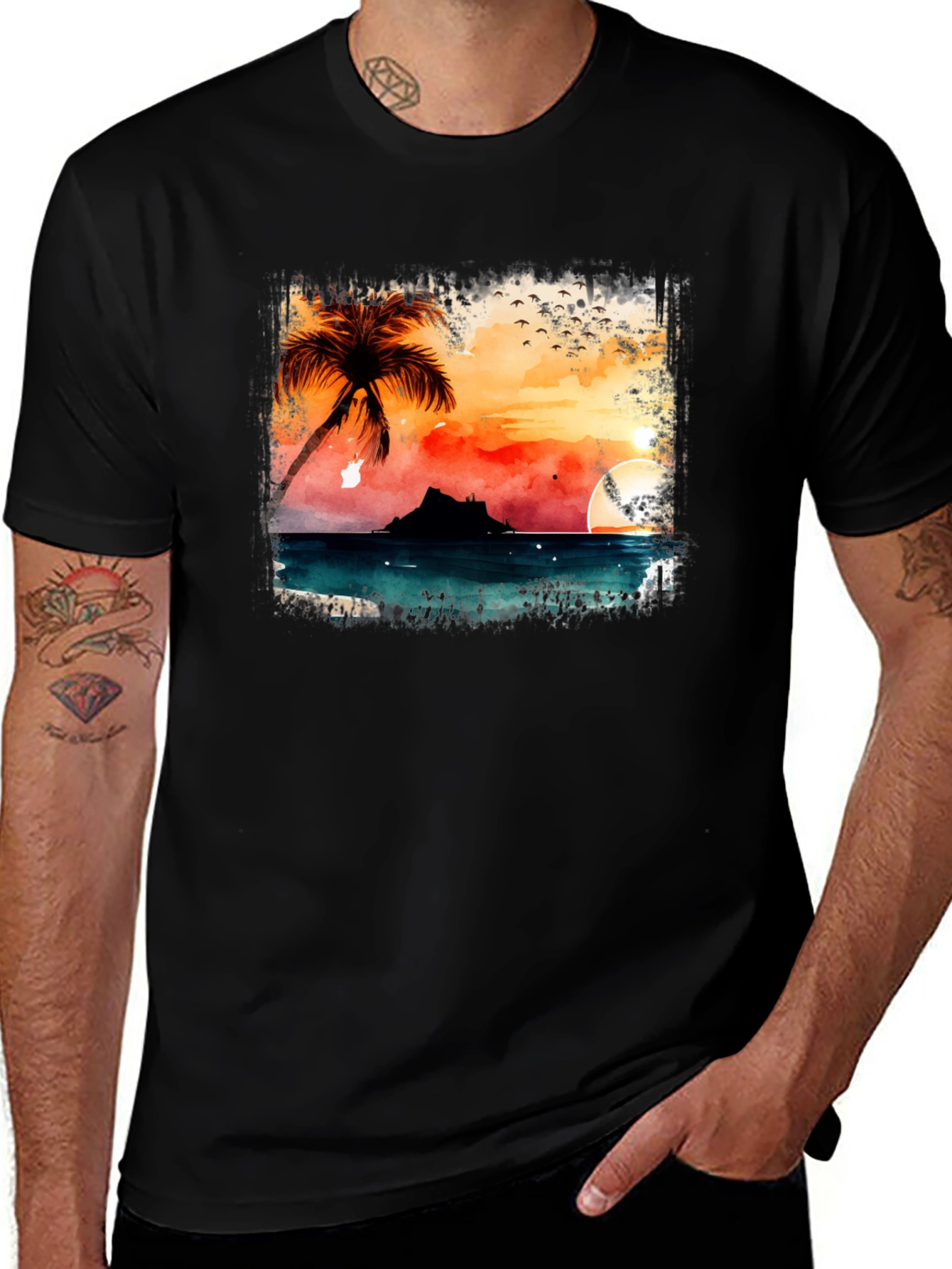 Variant 3 of Sunset Palm Graphic T-Shirt - Black