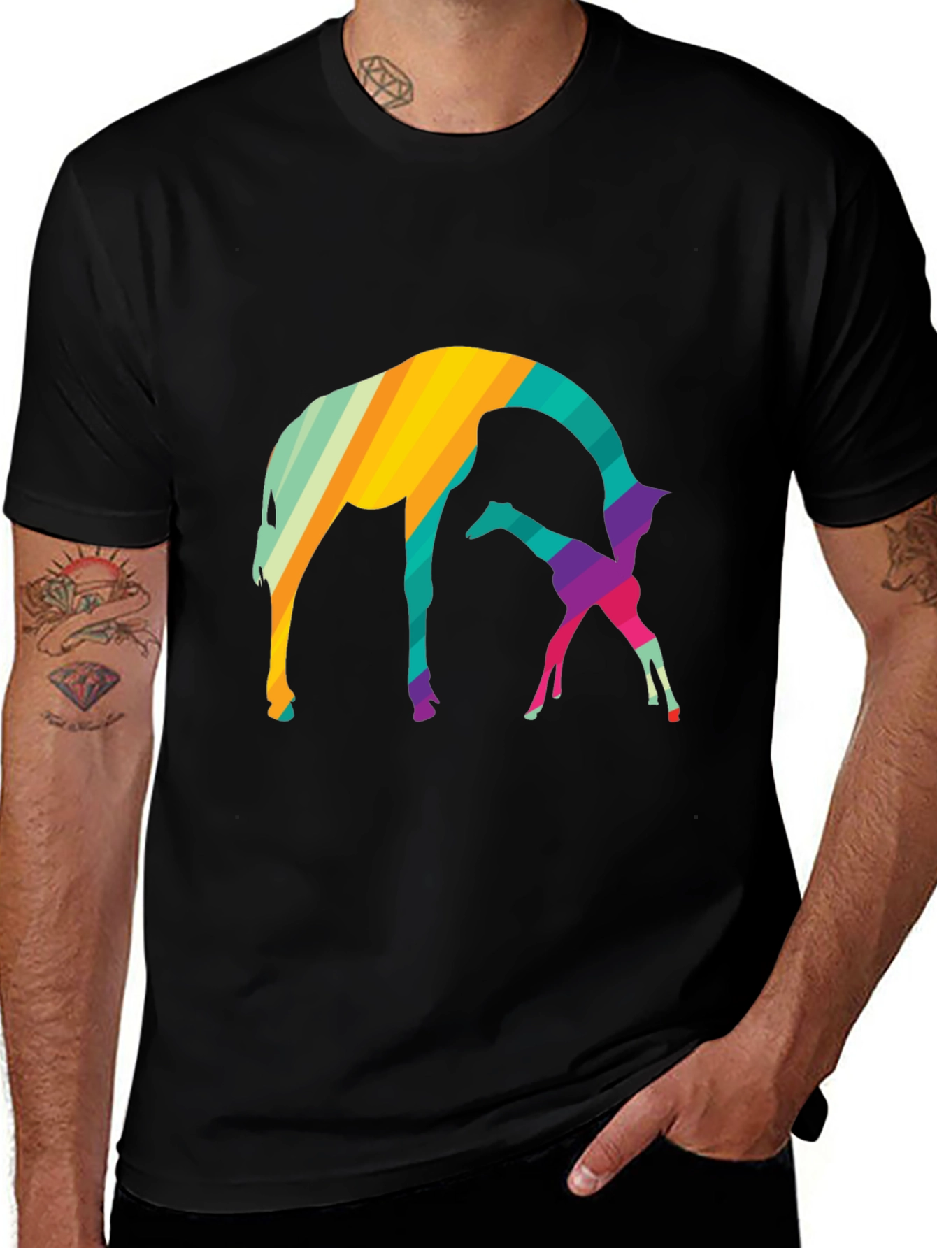 Black Abstract Giraffe Graphic Tee - Black Cotton Blend Shirt main image