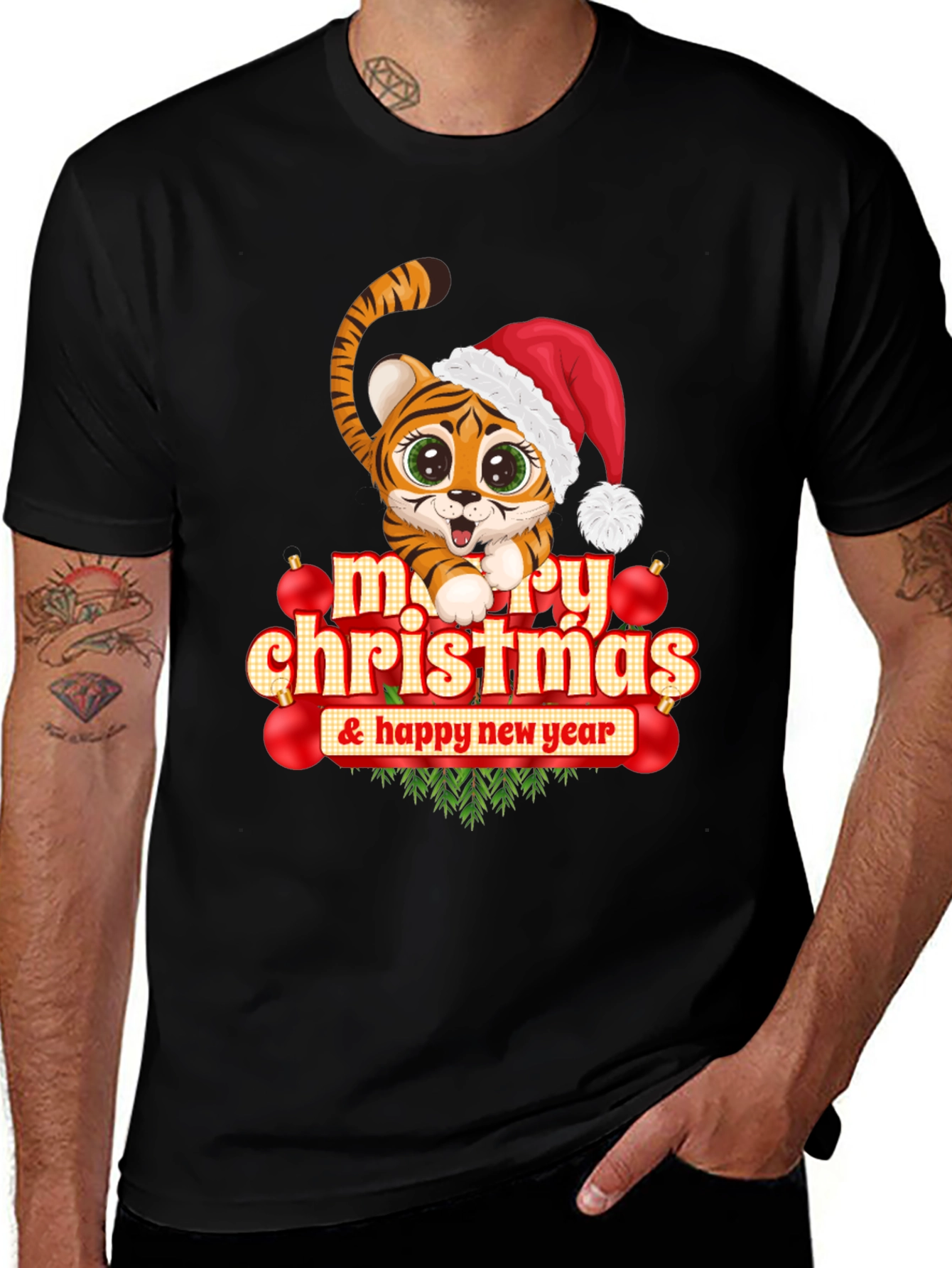 Festive Tiger Graphic Tee - Merry Christmas & Happy New Year