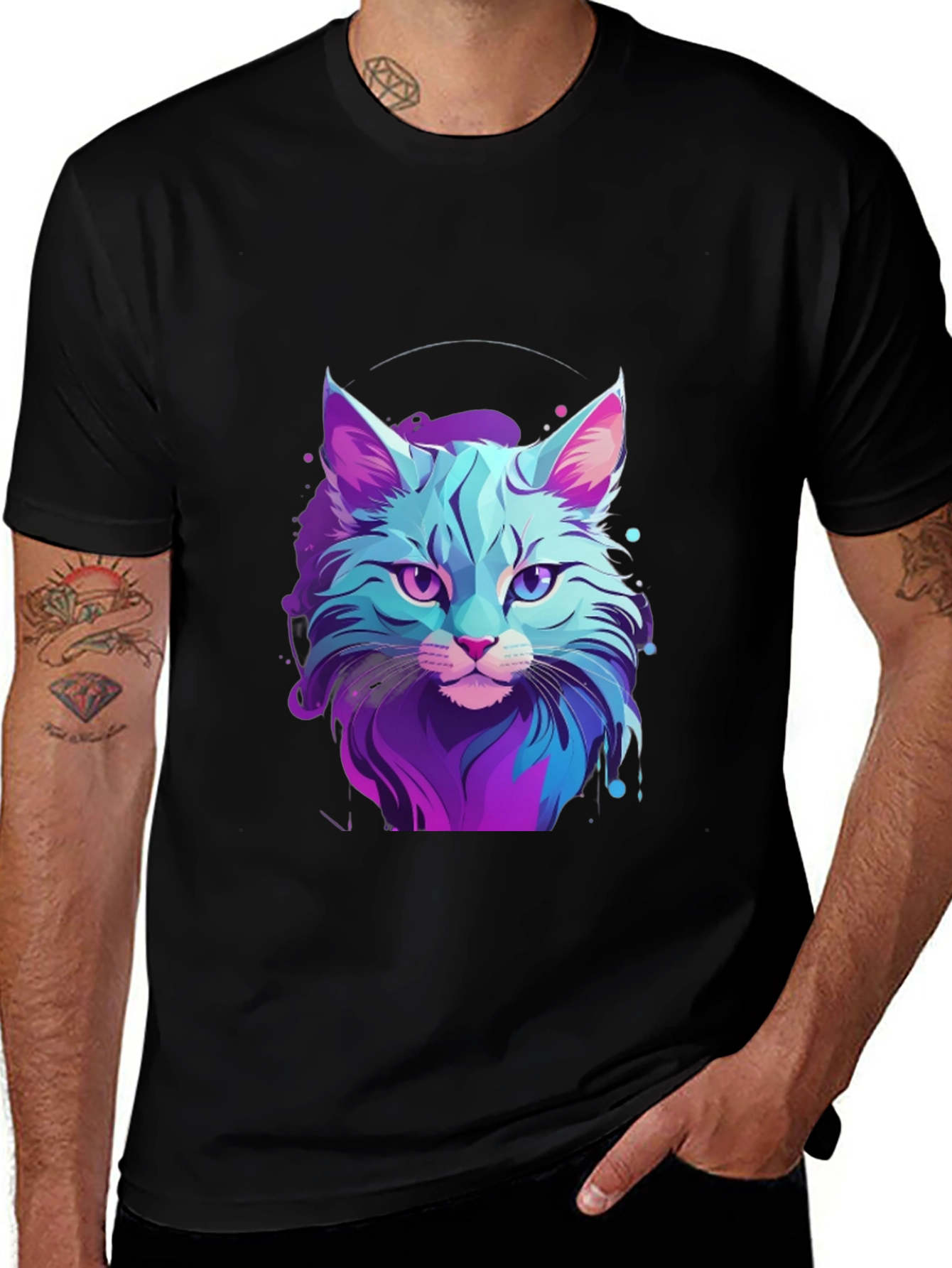 Variant 15 of Neon Cat Graphic Tee - Stylish Men's Black T-Shirt