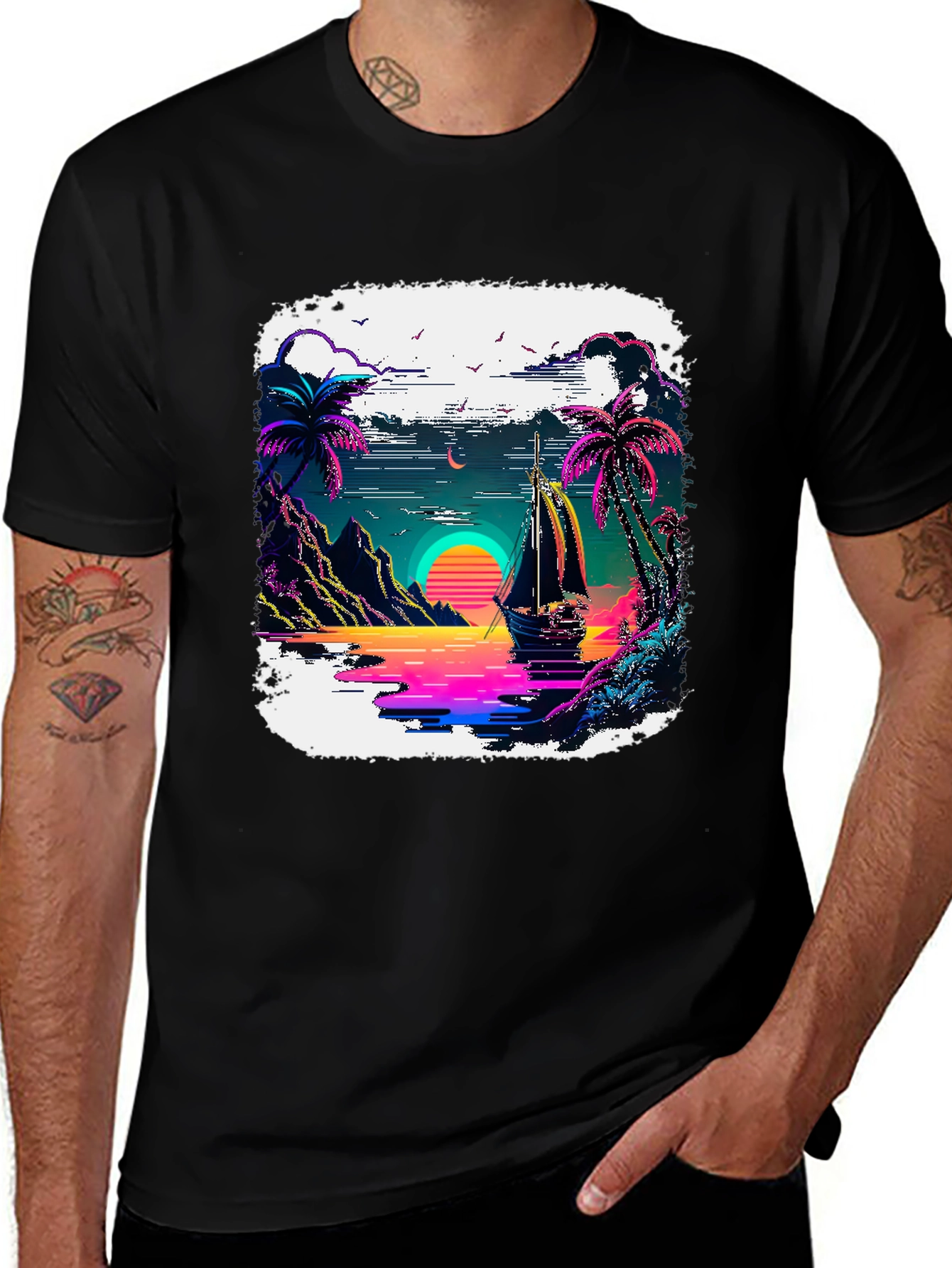 Variant 24 of Retro Sunset Sailboat T-Shirt - Neon Tropical Tee