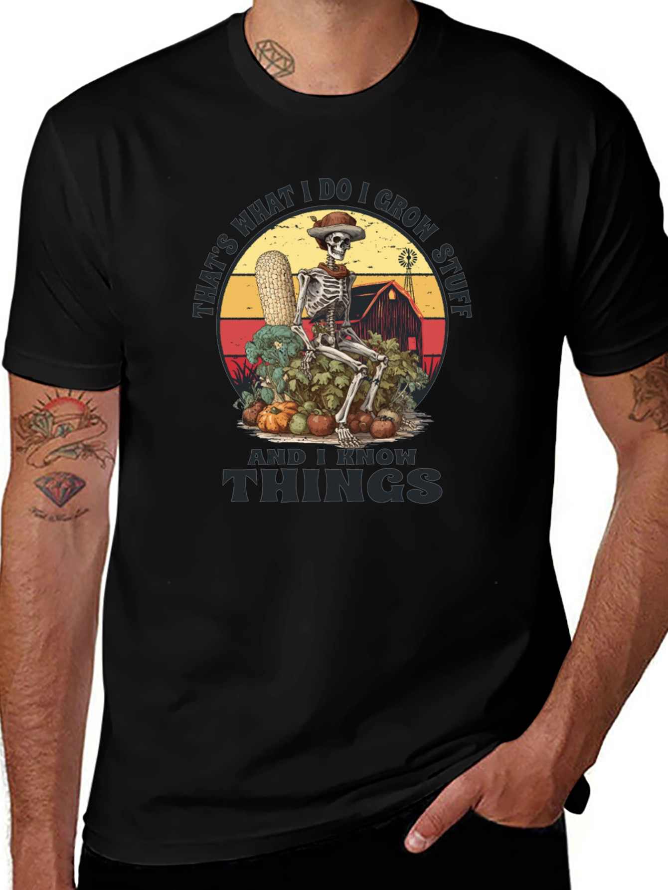 I Grow Stuff T-Shirt: Skeleton Farmer Design