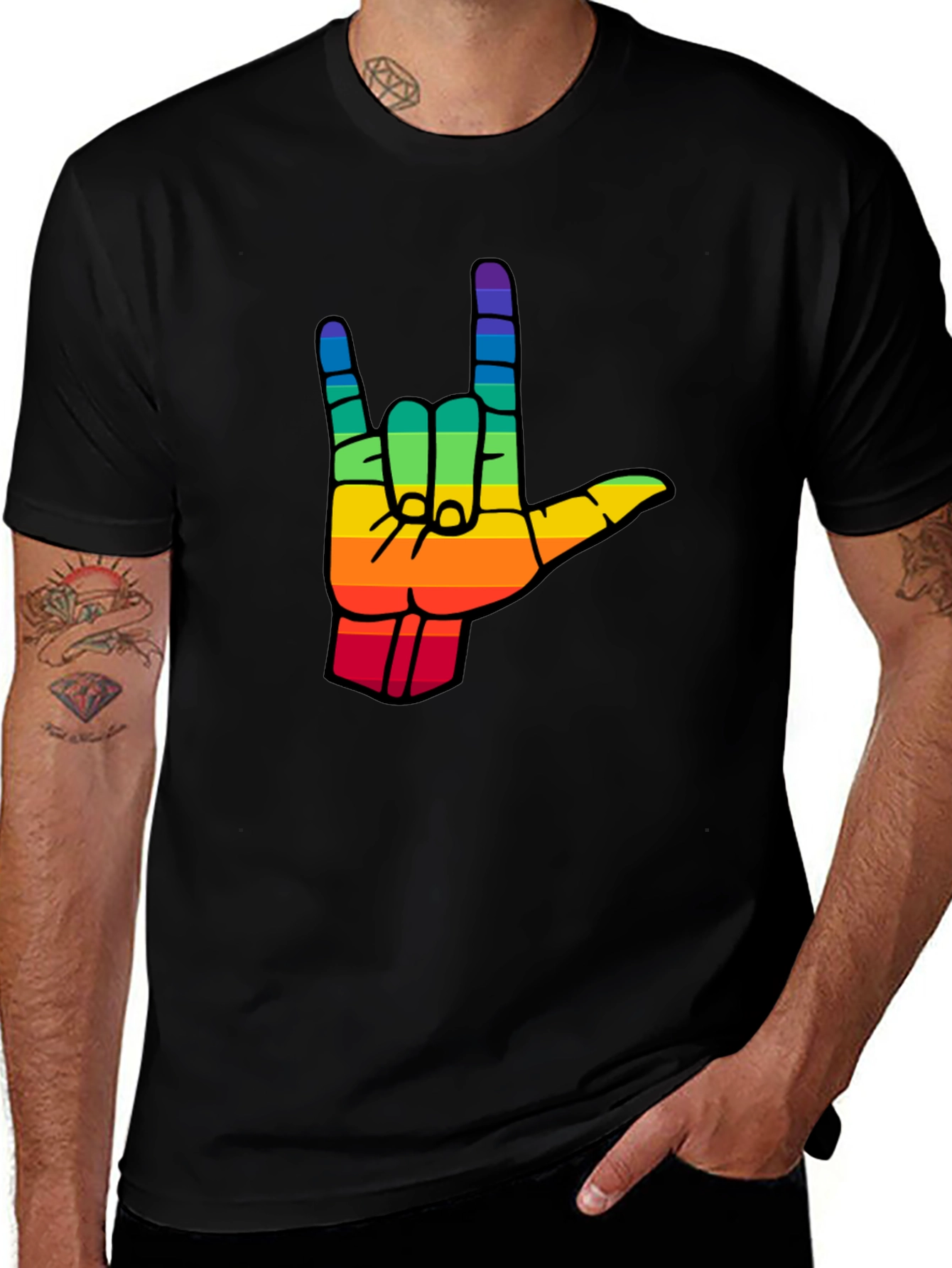 Variant 3 of Rainbow I Love You Hand Sign Black T-Shirt