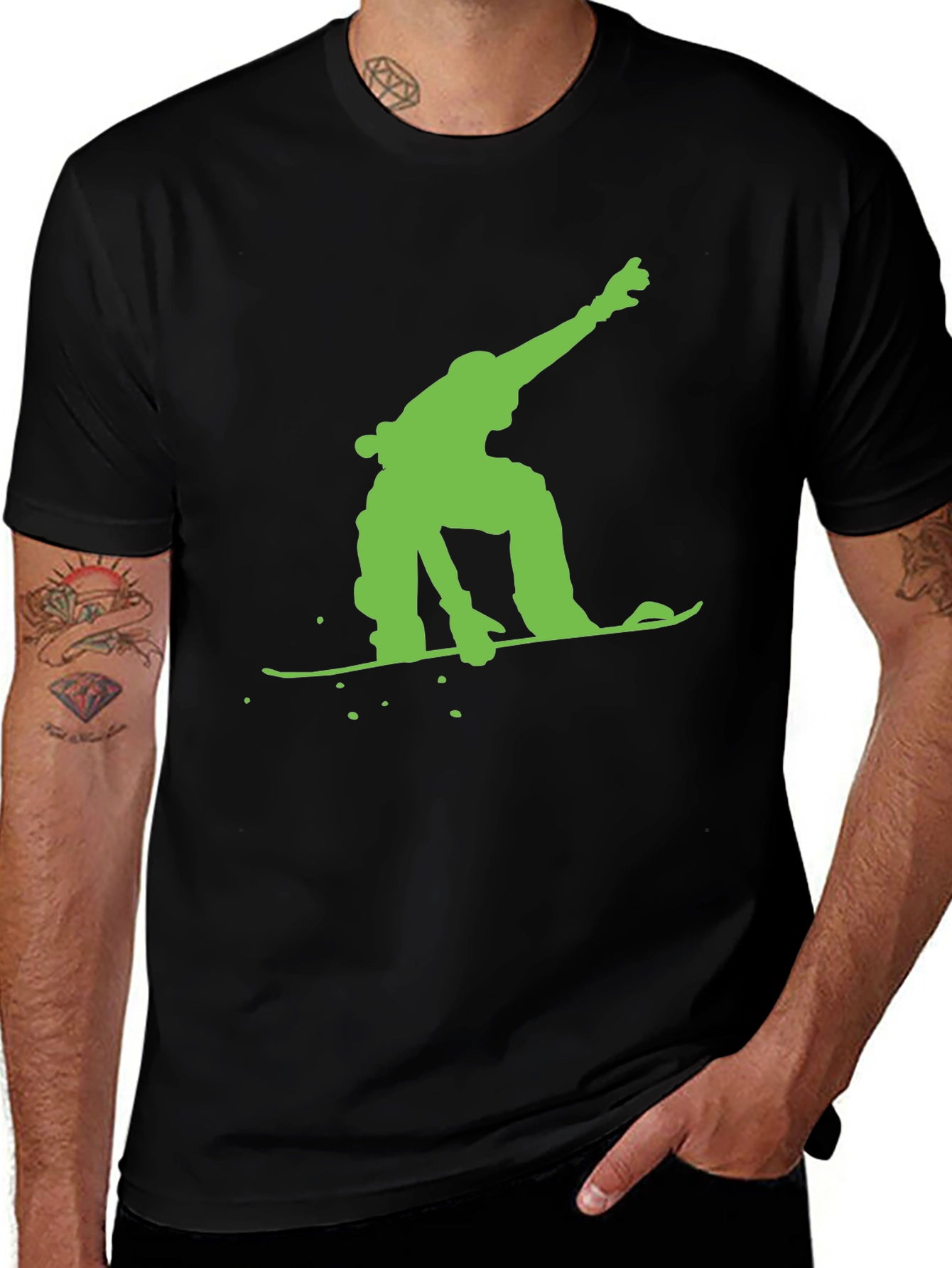 Variant 8 of Cool Green Snowboarder Graphic Print Black T-Shirt
