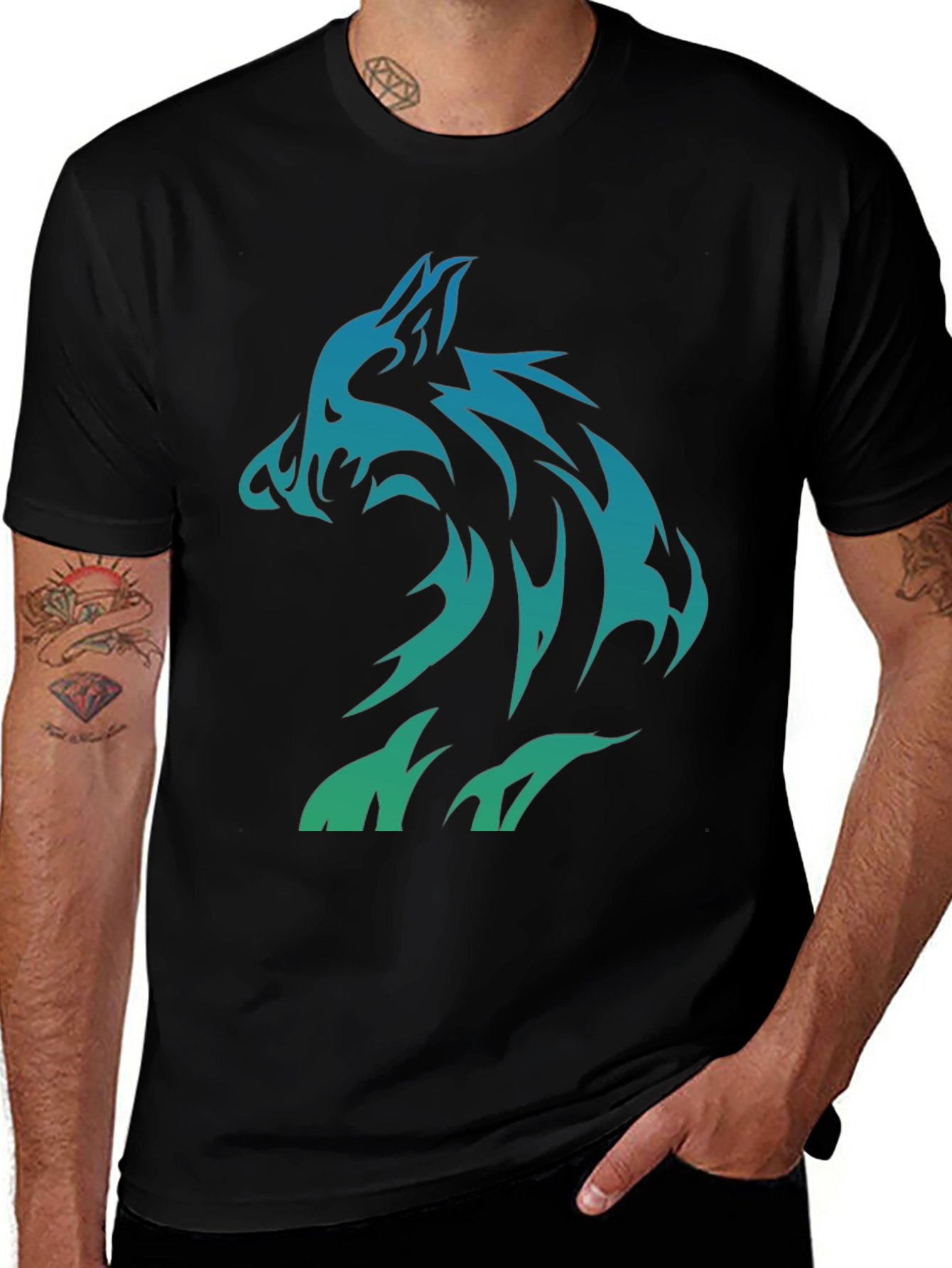 Black Tribal Wolf Graphic T-Shirt - Black Cotton Tee main image