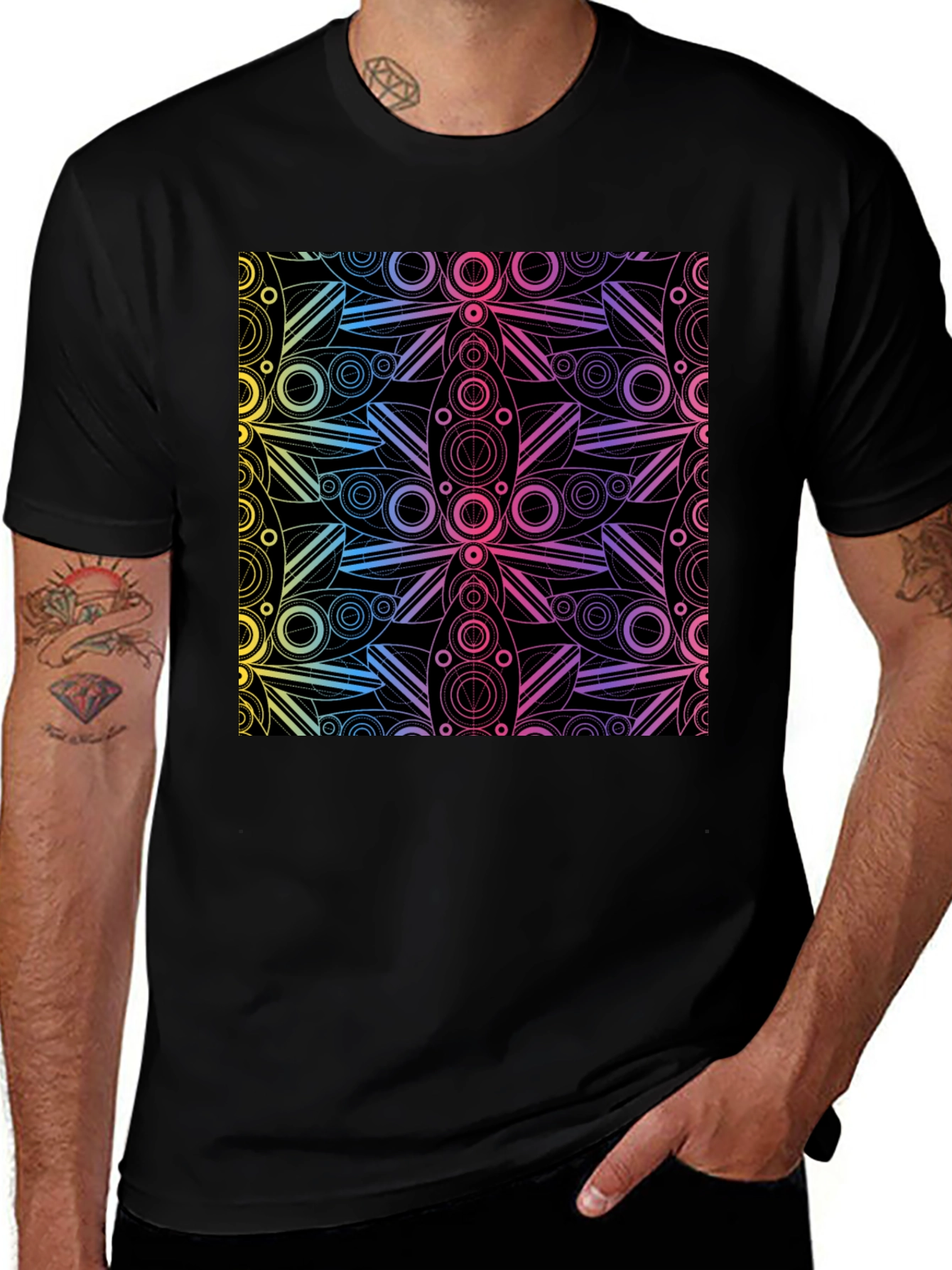 Variant 7 of Geometric Rainbow Pattern Black T-Shirt