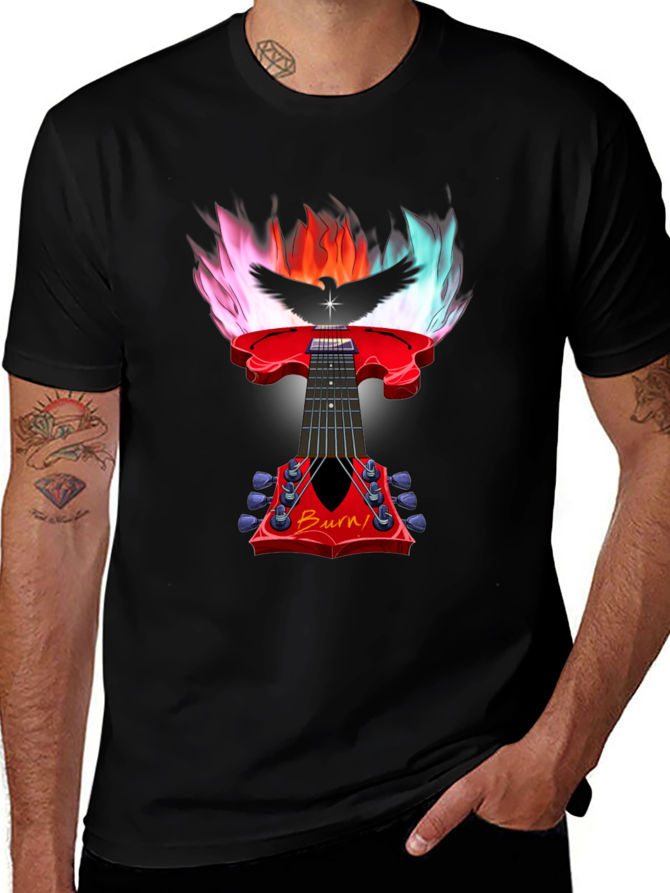 Black Burn Guitar T-Shirt - Flaming Rock Star Tee main image