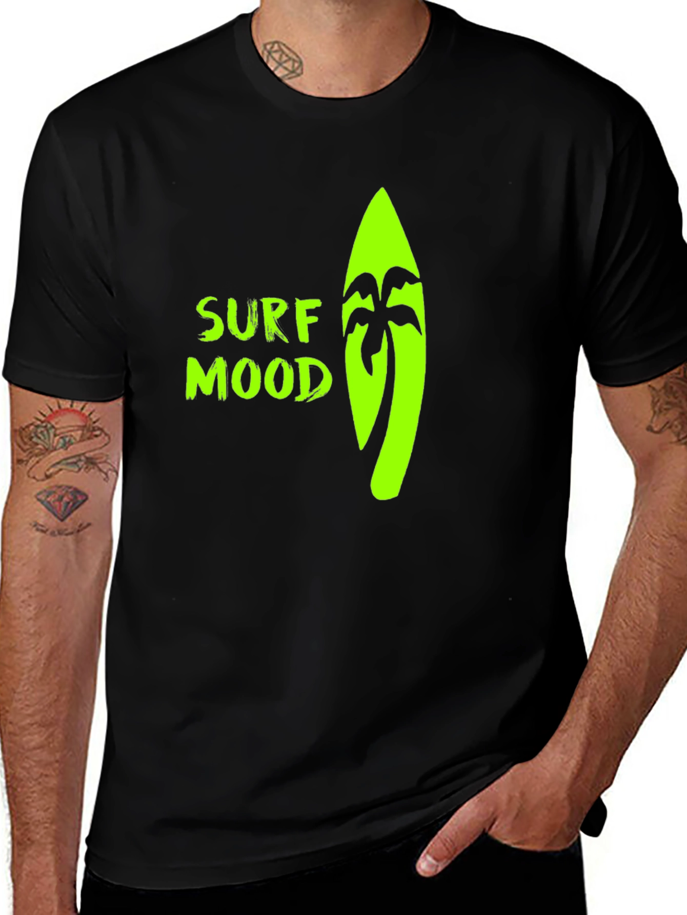 Variant 6 of Surf Mood Tee - Black Cotton Surfboard Palm Tree Graphic