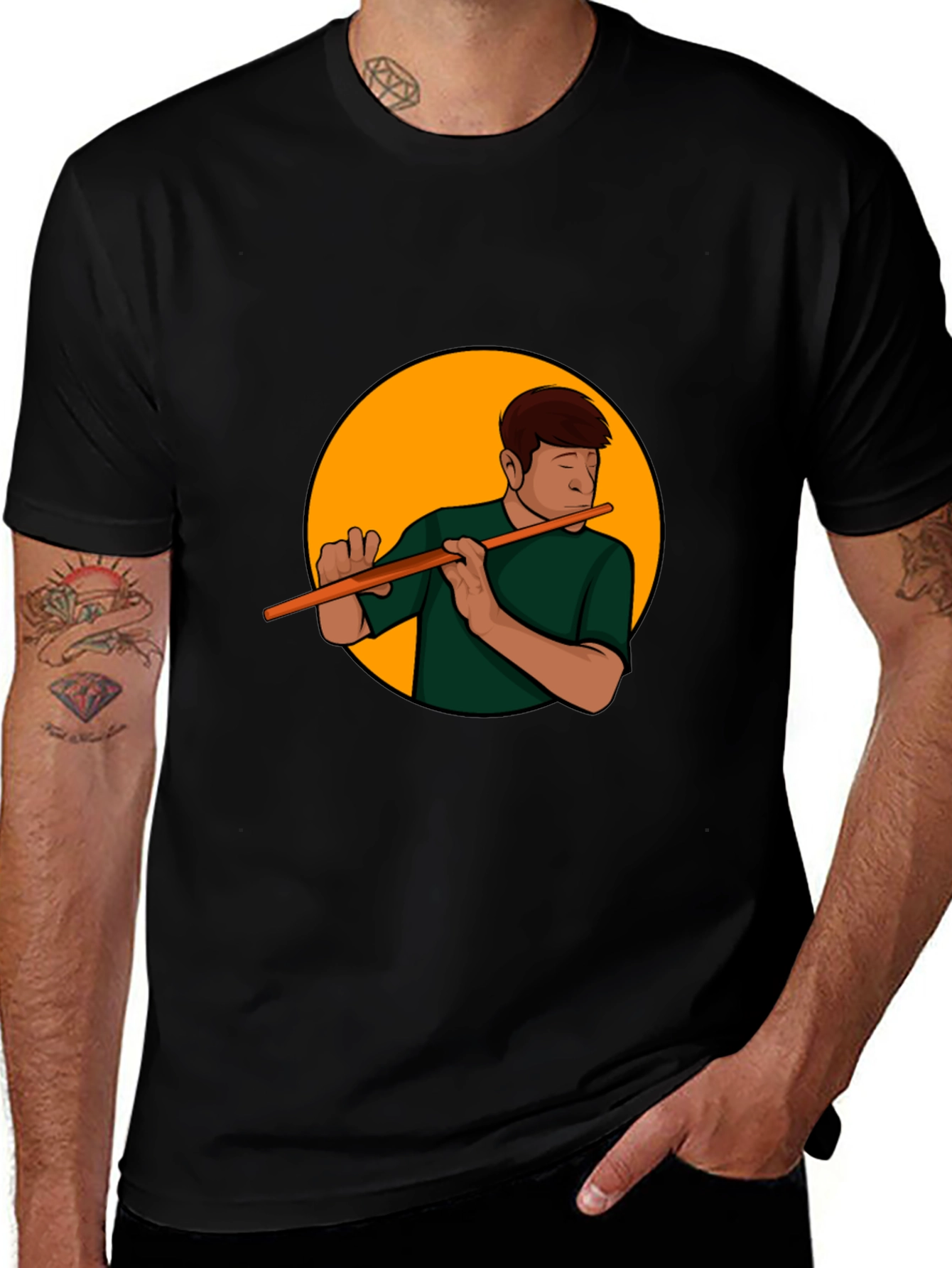 Flute Player Graphic Tee - Black Casual Shirt
