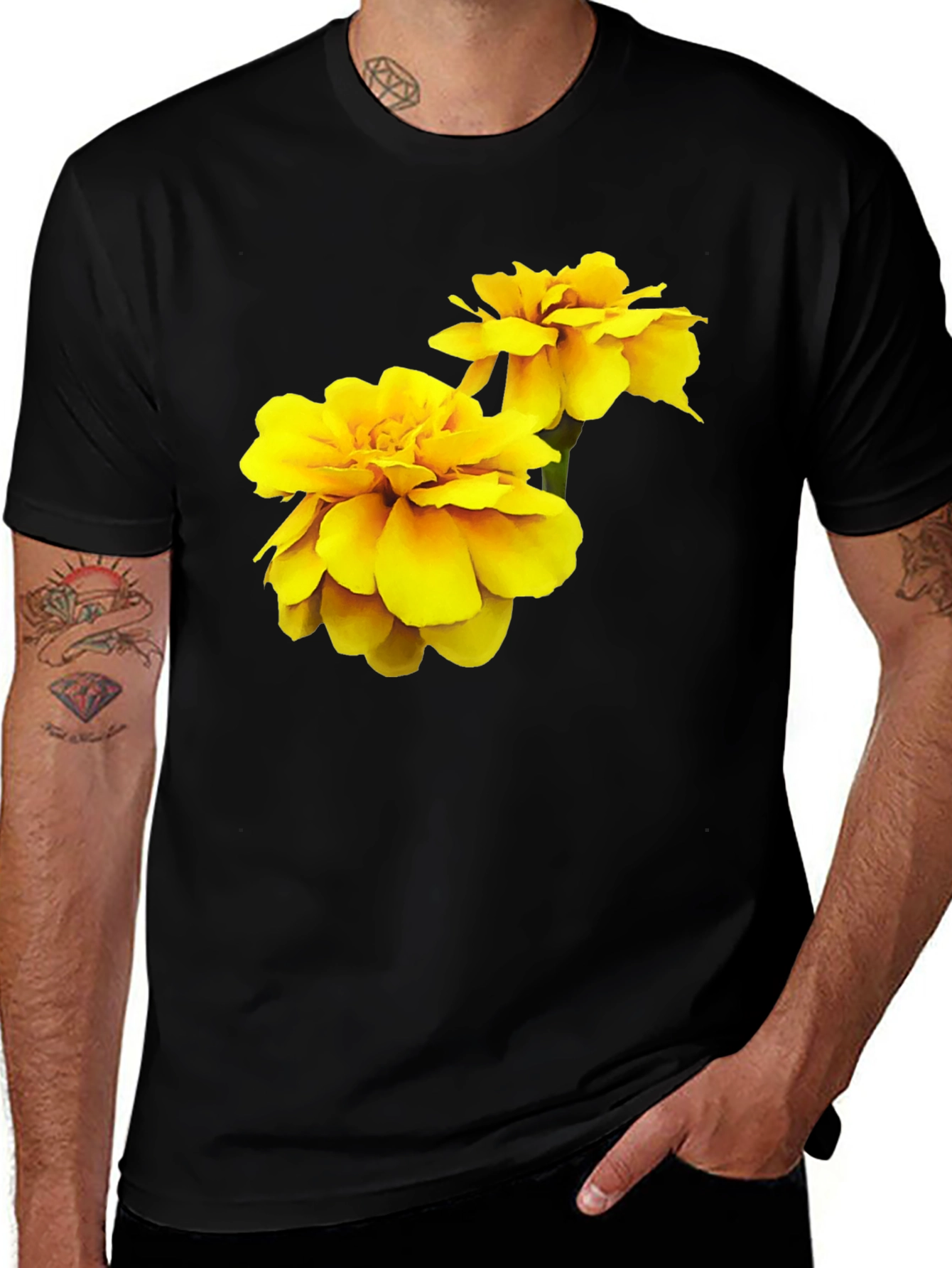 Variant 16 of Floral Black T-Shirt - Vibrant Yellow Flower Design