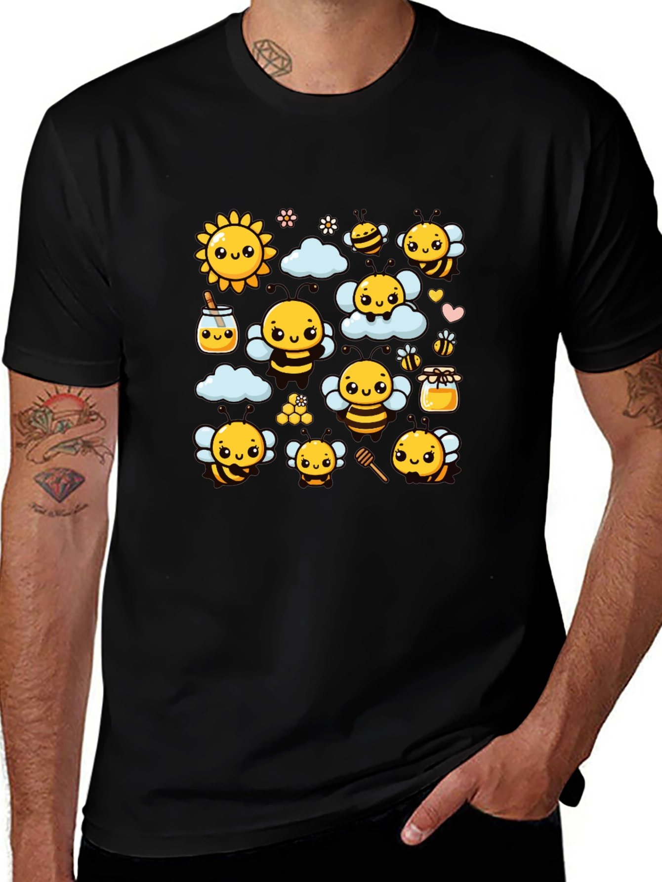 Variant 9 of Cute Bee Cartoon Graphic Print Black T-Shirt