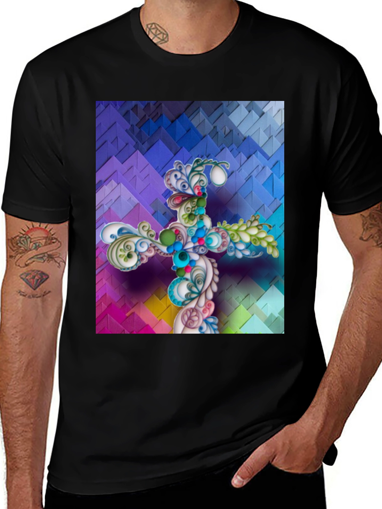 Variant 5 of Artistic Floral Cross Graphic T-Shirt - Unique Design