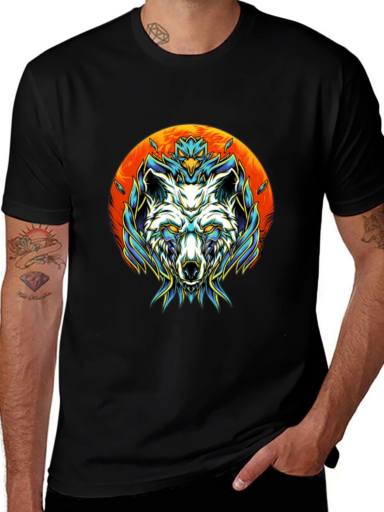 Variant 29 of Wolf Graphic Tee - Black Cotton Blend, Unique Design