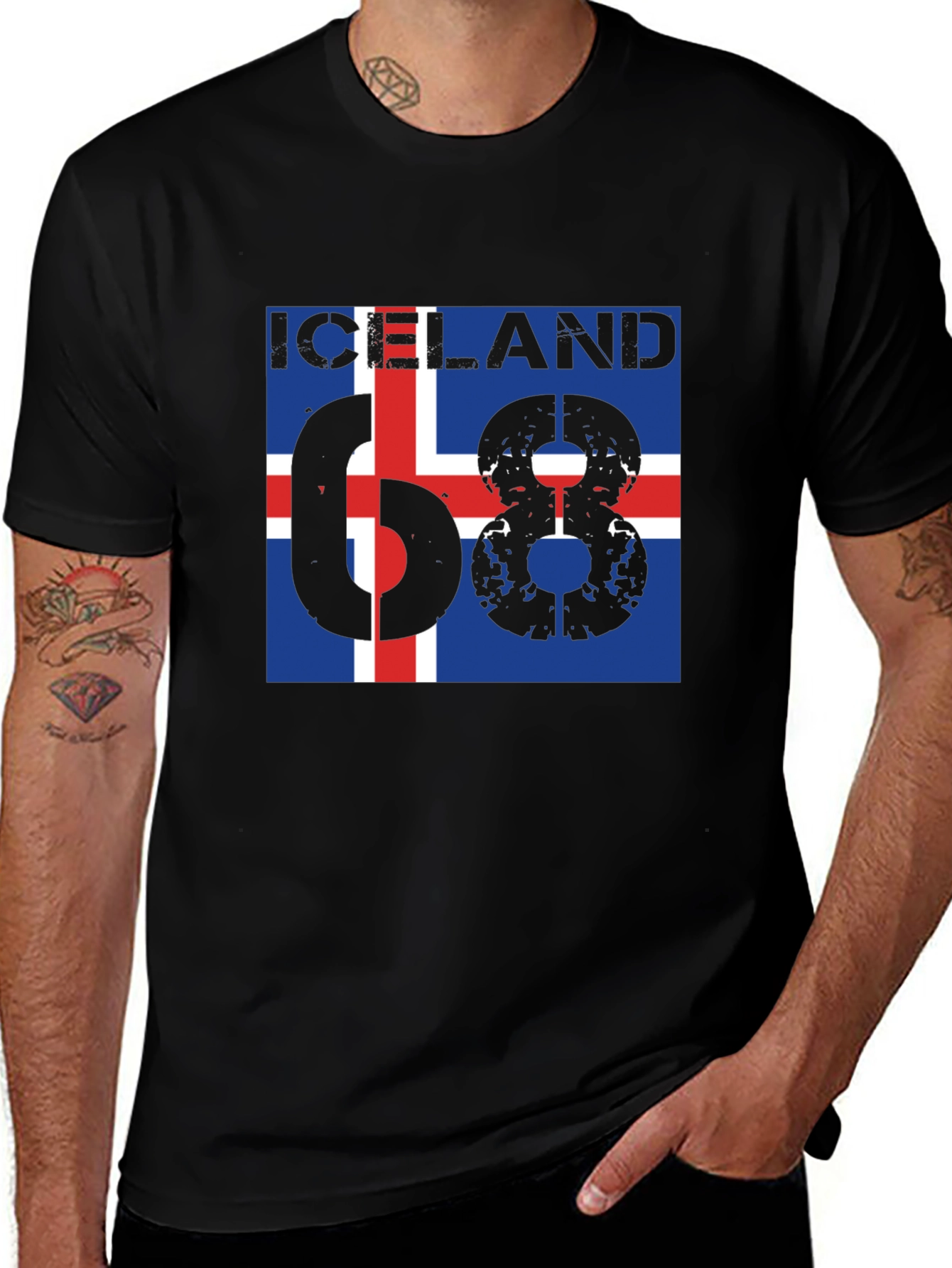 Iceland 68 T-Shirt - Flag Design, Black Cotton Tee