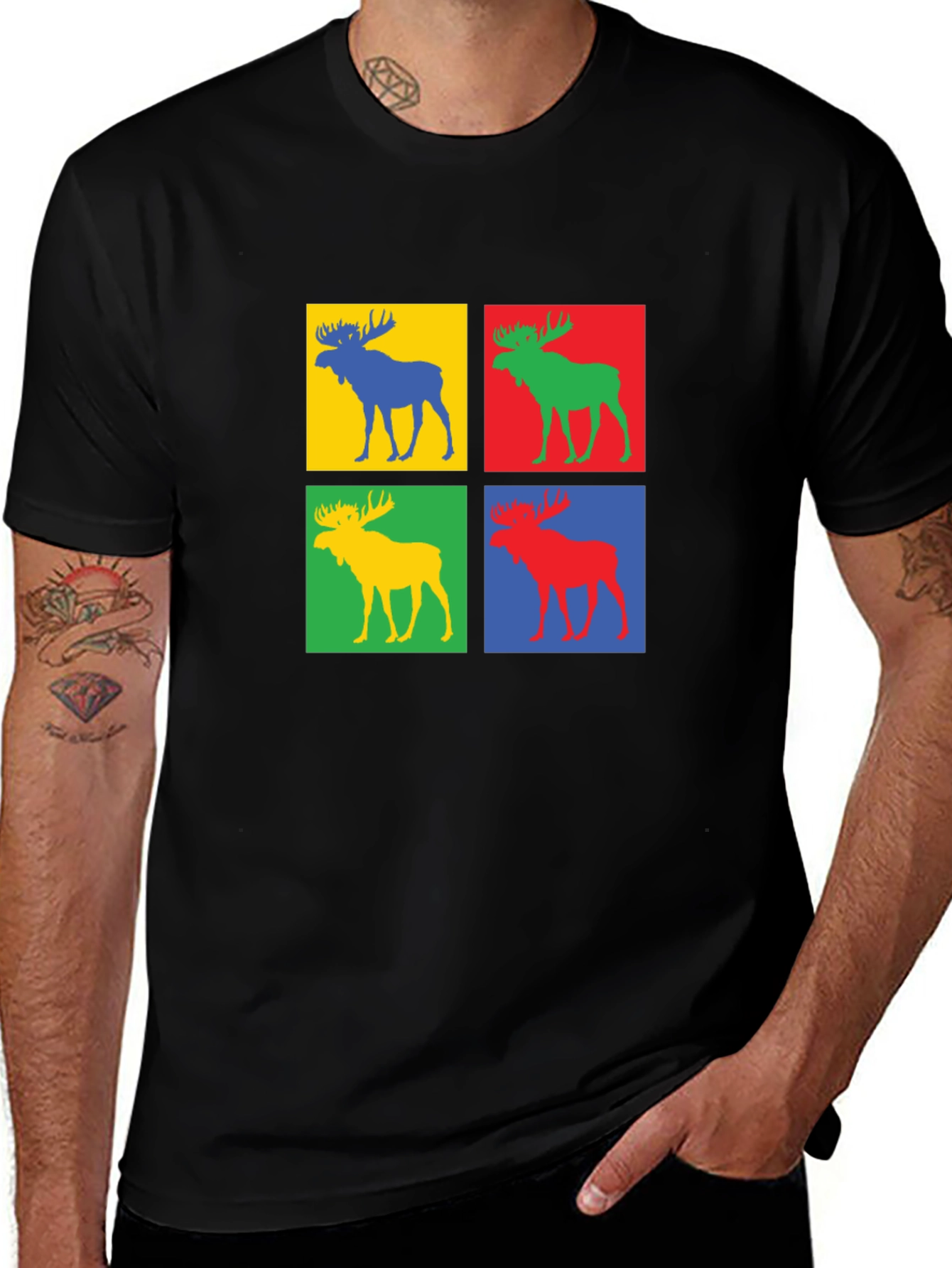 Colorful Moose Pop Art Black T-Shirt