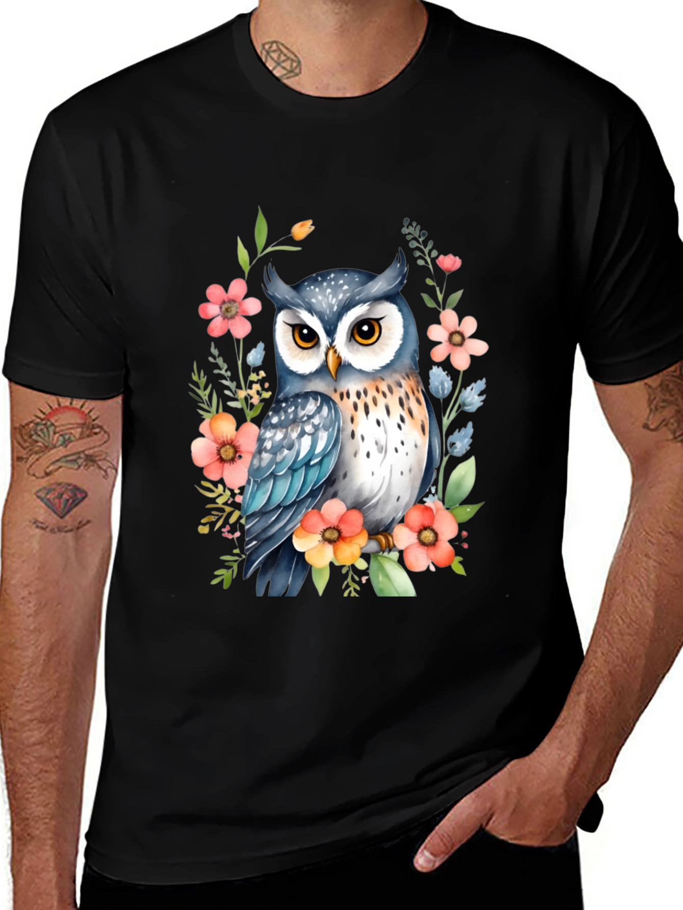 Variant 4 of Owl & Floral Print Black T-Shirt