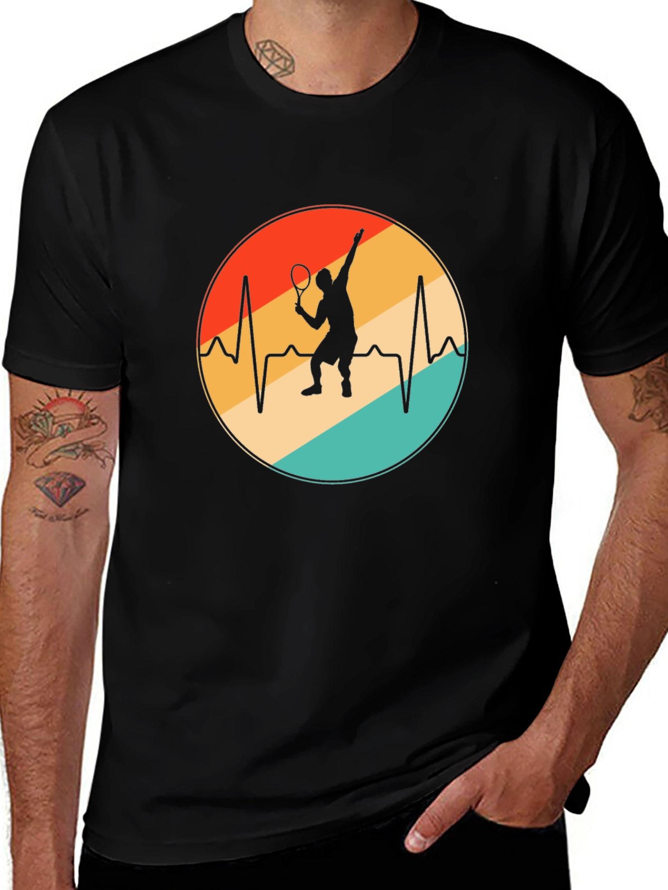 Variant 17 of Tennis Heartbeat T-Shirt - Black Cotton Blend Casual Tee