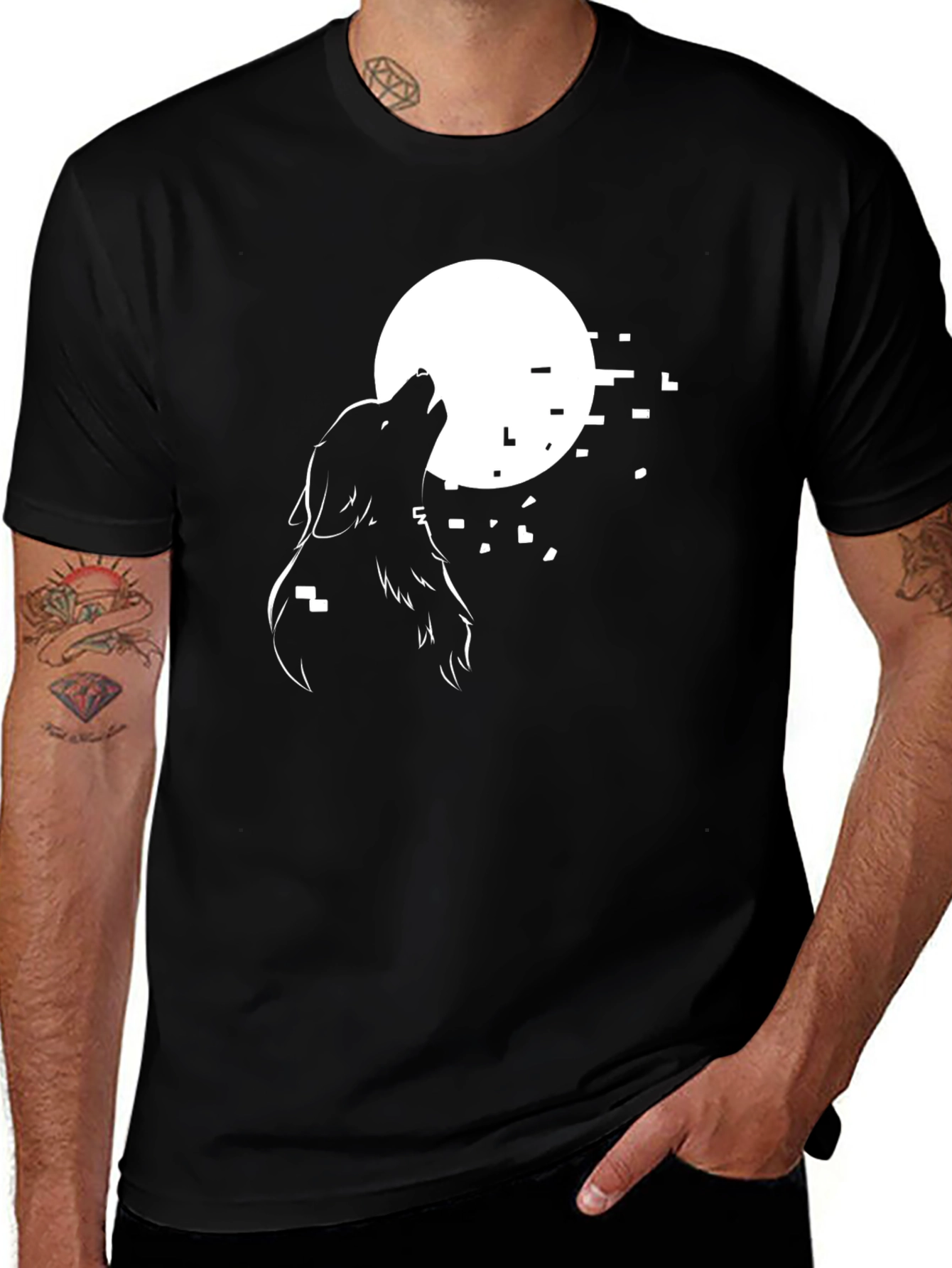 Variant 2 of Wolf Howling at Moon Graphic Tee - Black