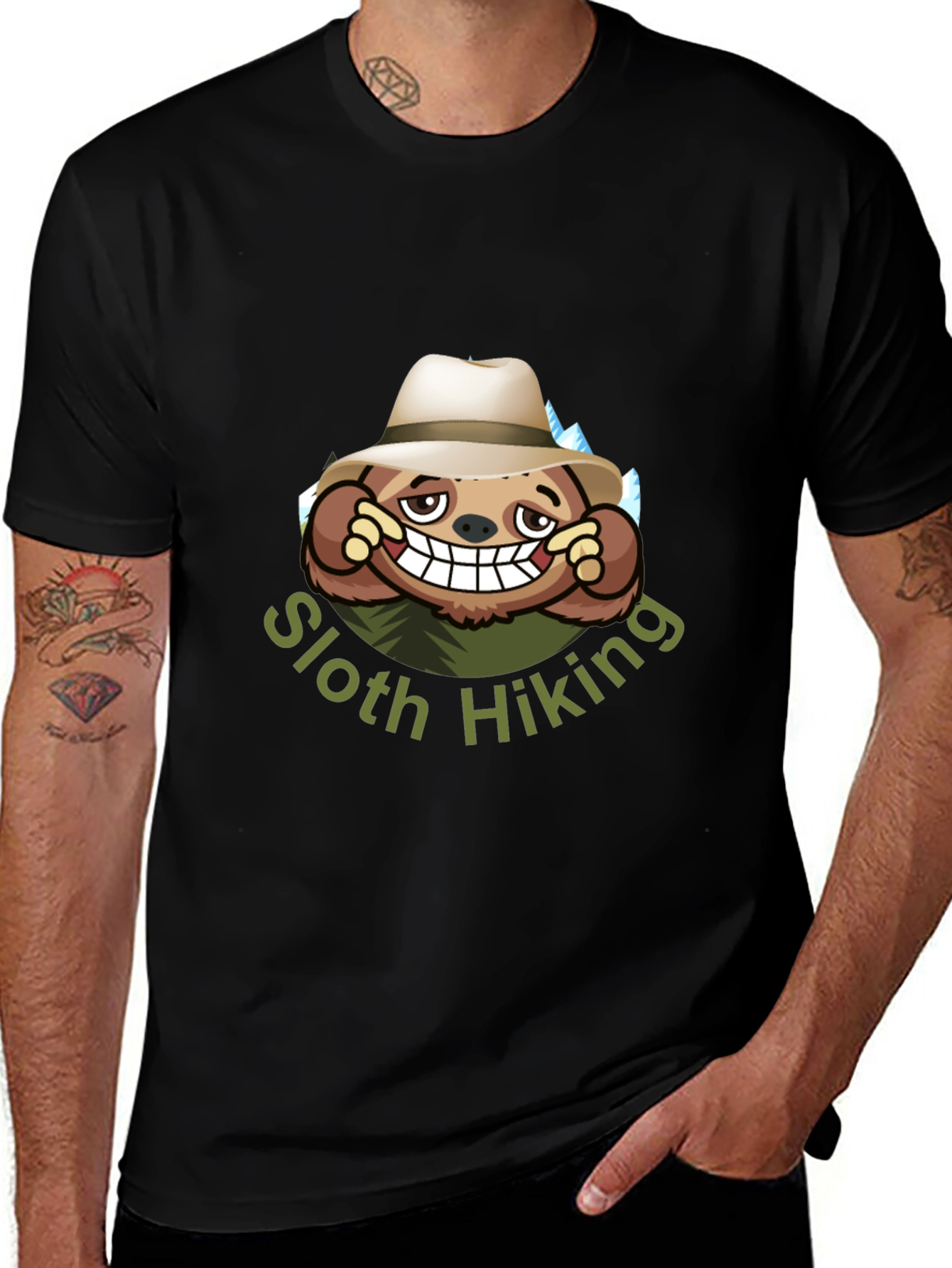 Variant 7 of Sloth Hiking Graphic Tee - Black Cotton T-Shirt