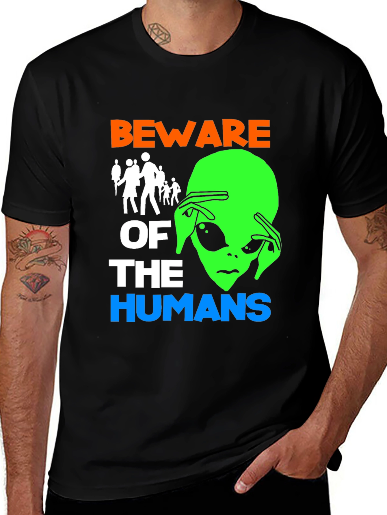 Variant 3 of Beware of Humans Graphic Tee - Alien Humor T-Shirt
