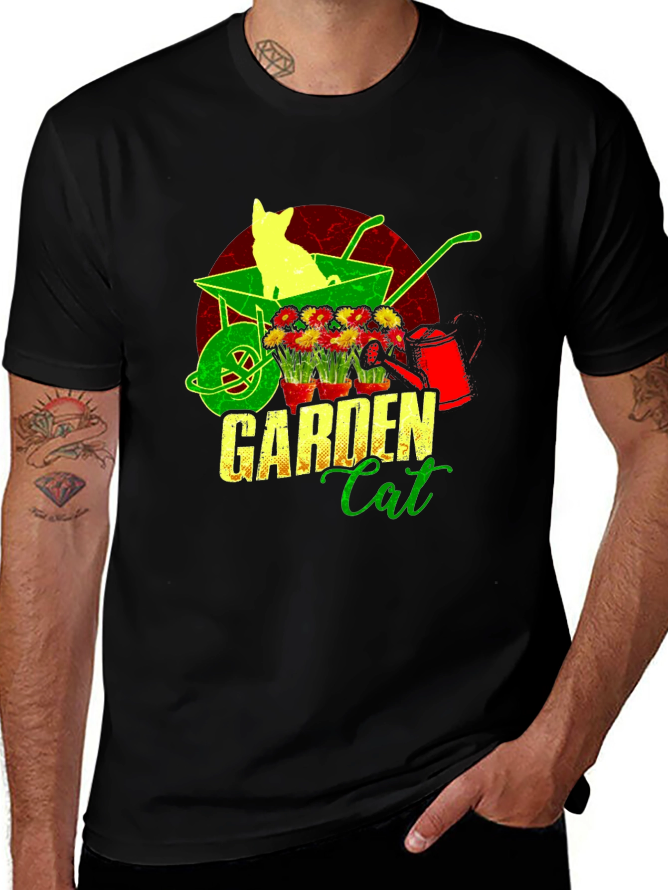 Variant 3 of Garden Cat T-Shirt - Wheelbarrow & Flower Design