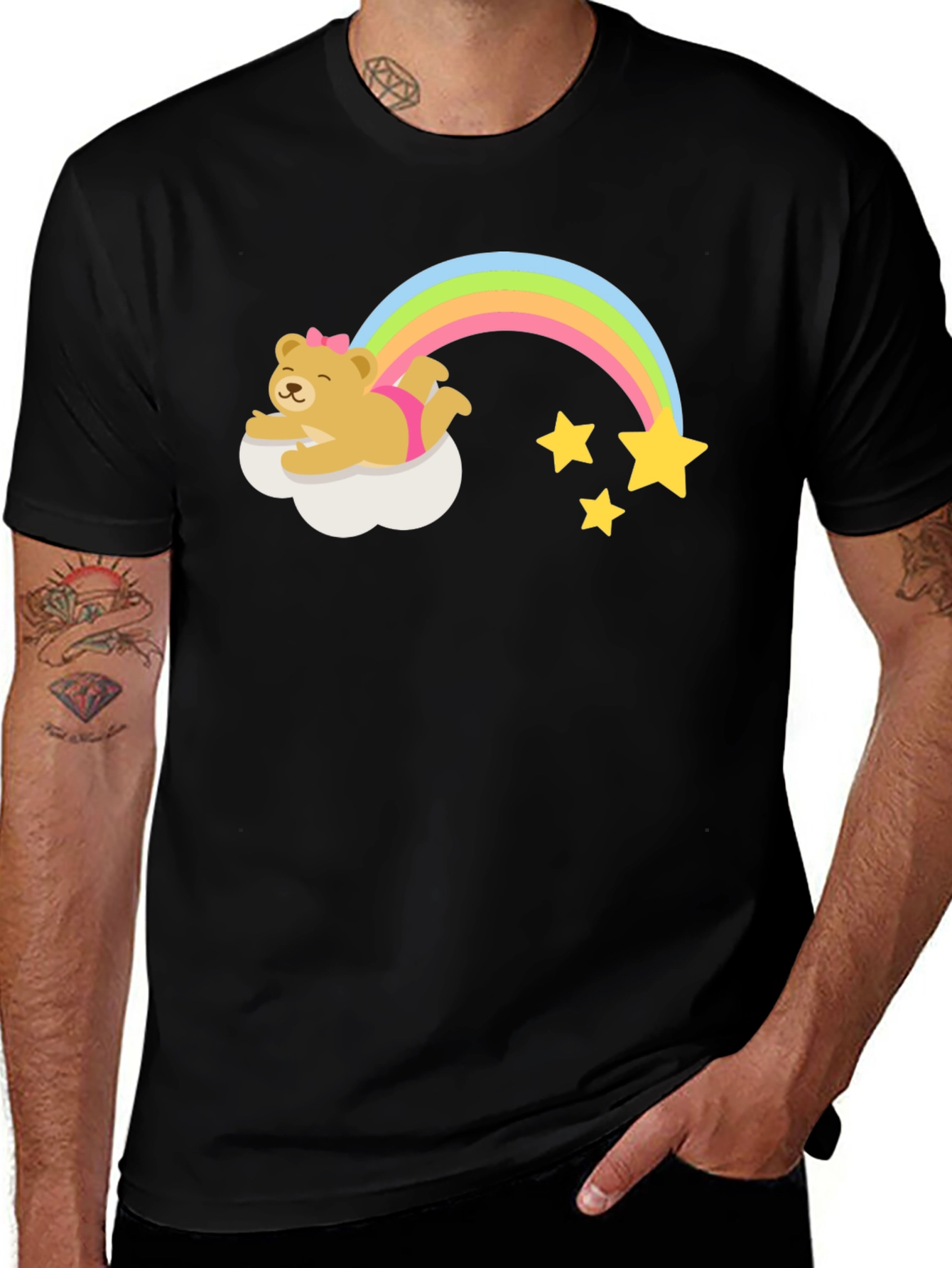 Variant 22 of Cute Bear Rainbow Stars Black Graphic Tee