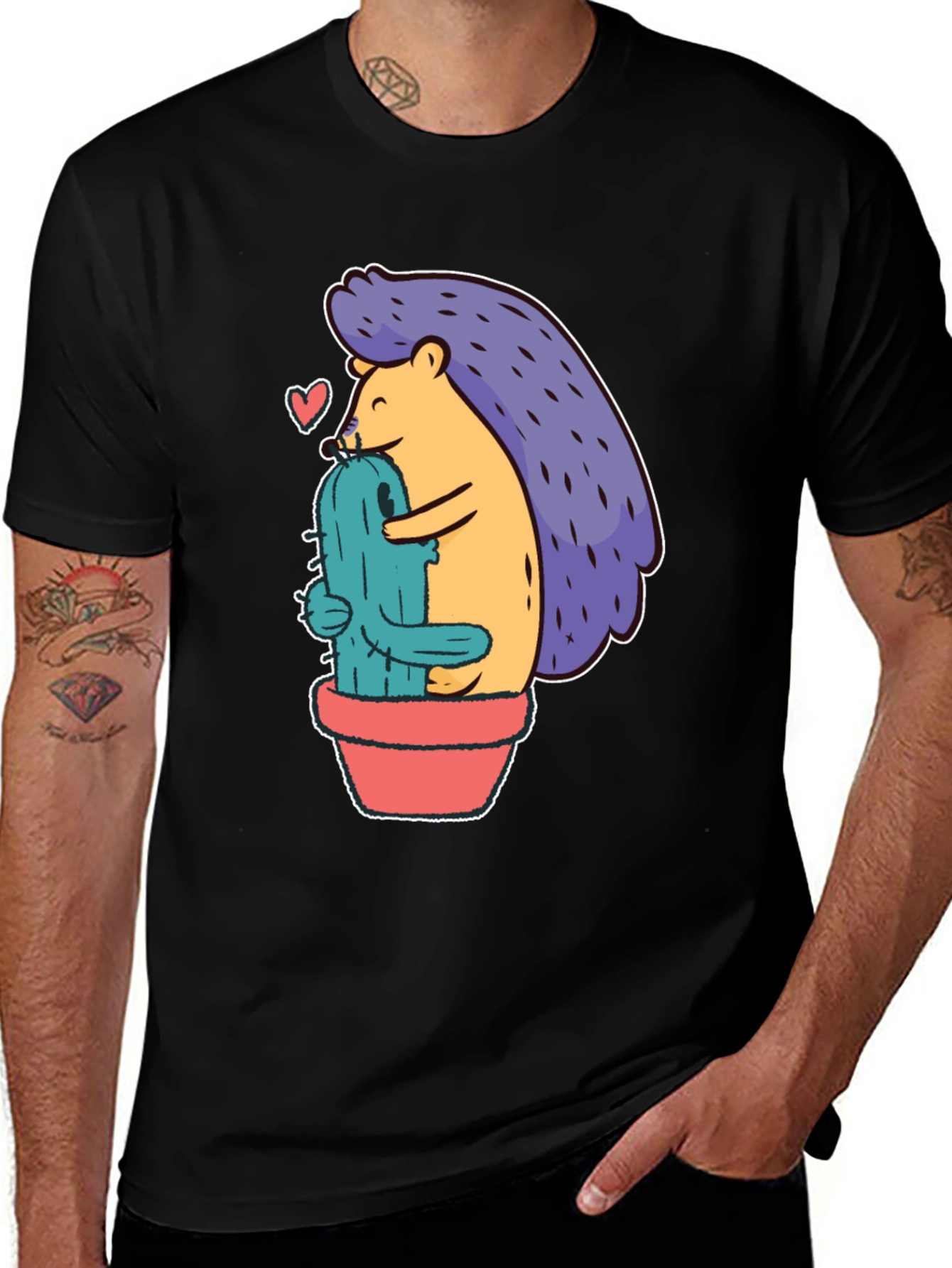 Variant 26 of Cute Hedgehog Hugging Cactus Graphic Tee - Unisex