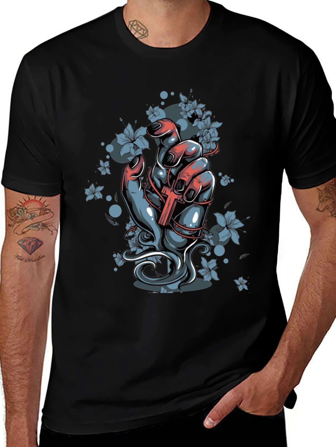 Floral Cross Graphic Black T-Shirt