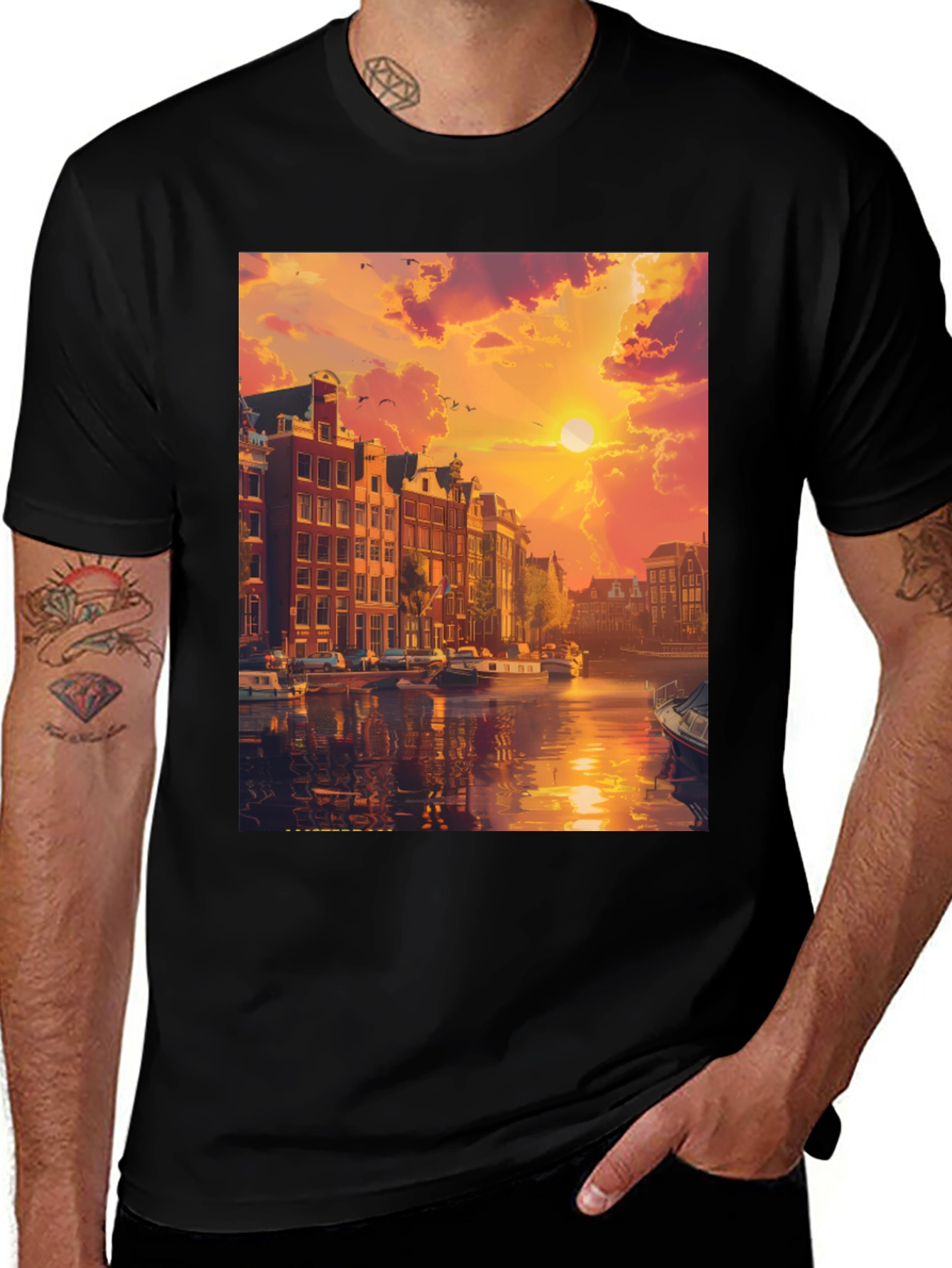 Amsterdam Sunset Graphic Tee - Black Crew Neck T-Shirt