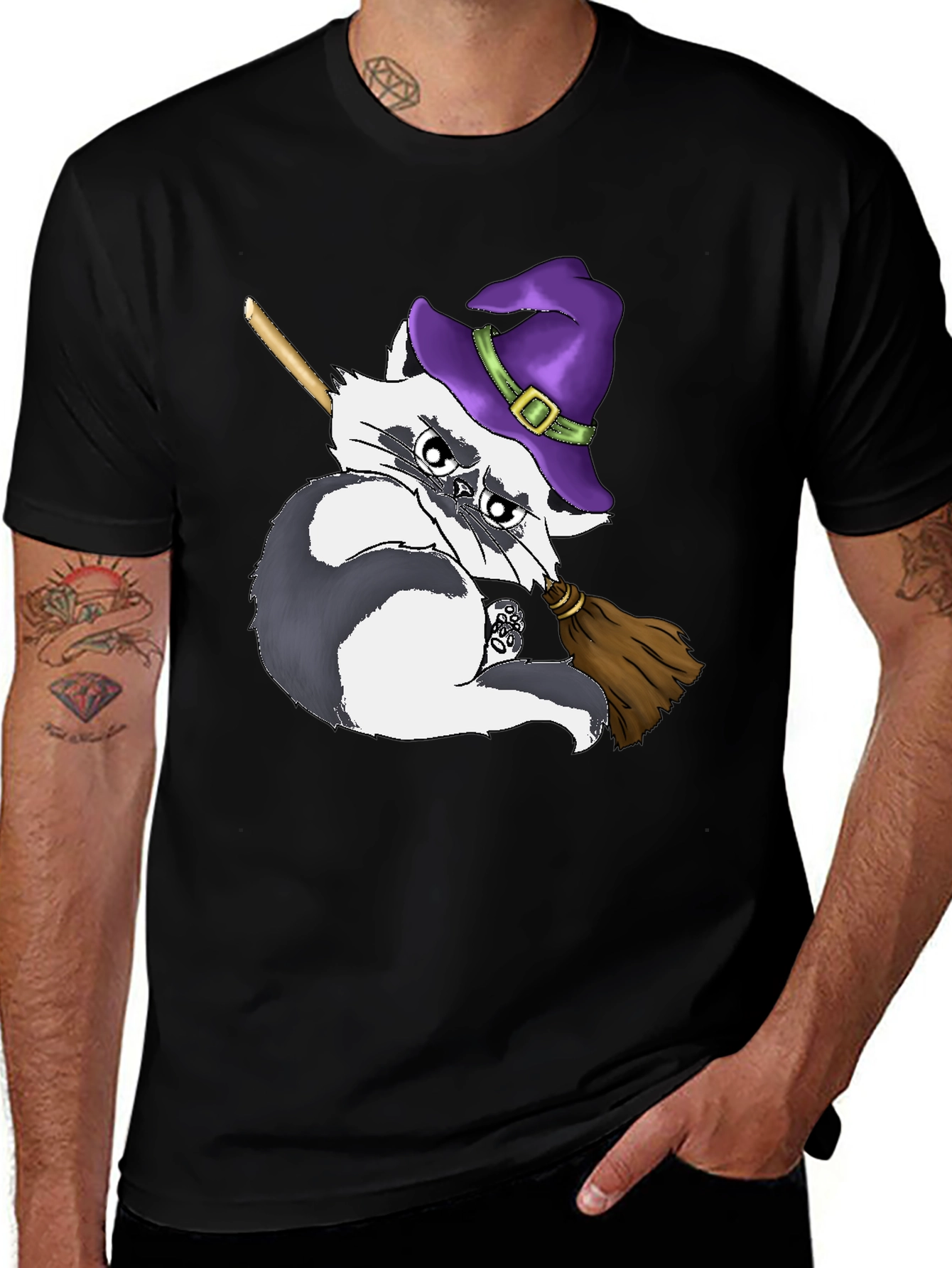 Variant 28 of Witch Raccoon on Broomstick T-Shirt - Halloween Style