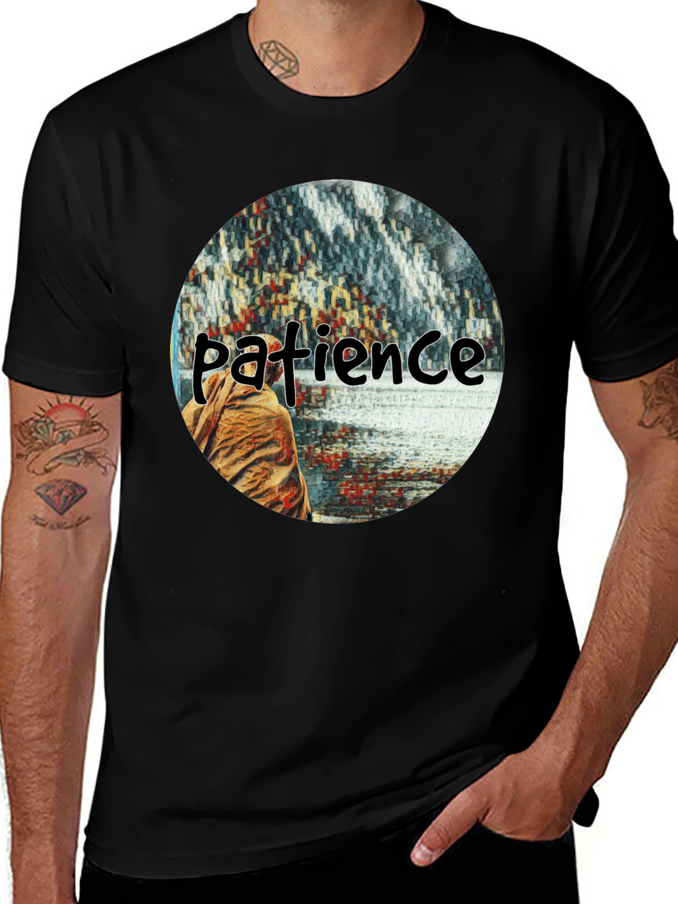 Variant 7 of Patience Graphic T-Shirt - Black Crew Neck Tee