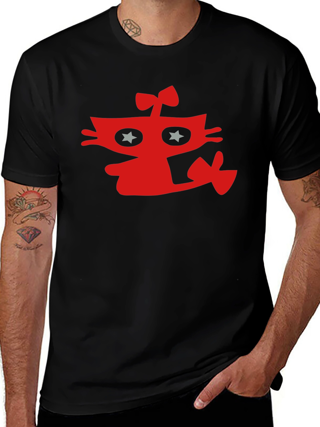 Variant 21 of Funky Red Cat Graphic Tee - Black Cotton Casual T-Shirt