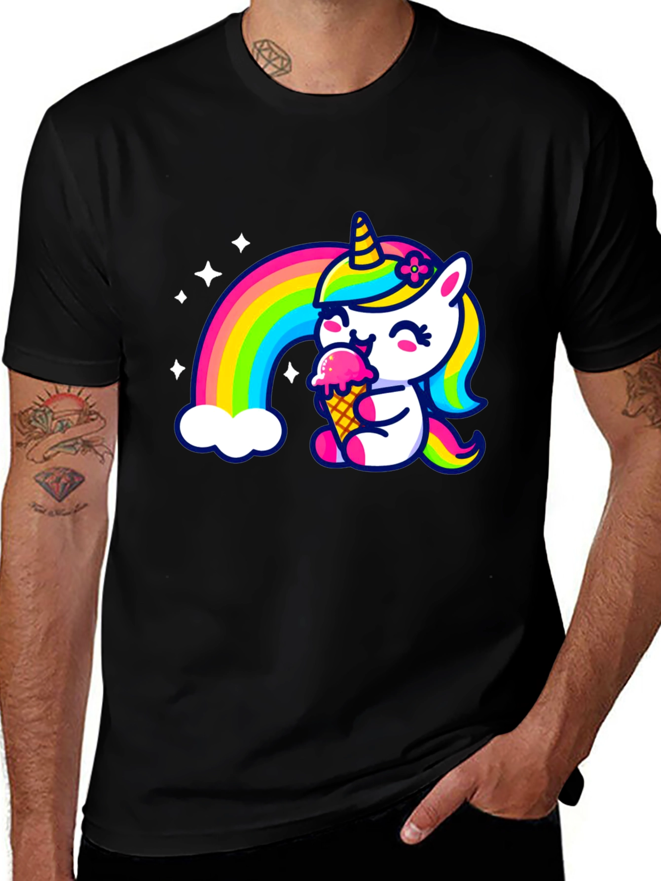 Variant 7 of Unicorn Ice Cream Graphic Tee - Black Cotton T-Shirt
