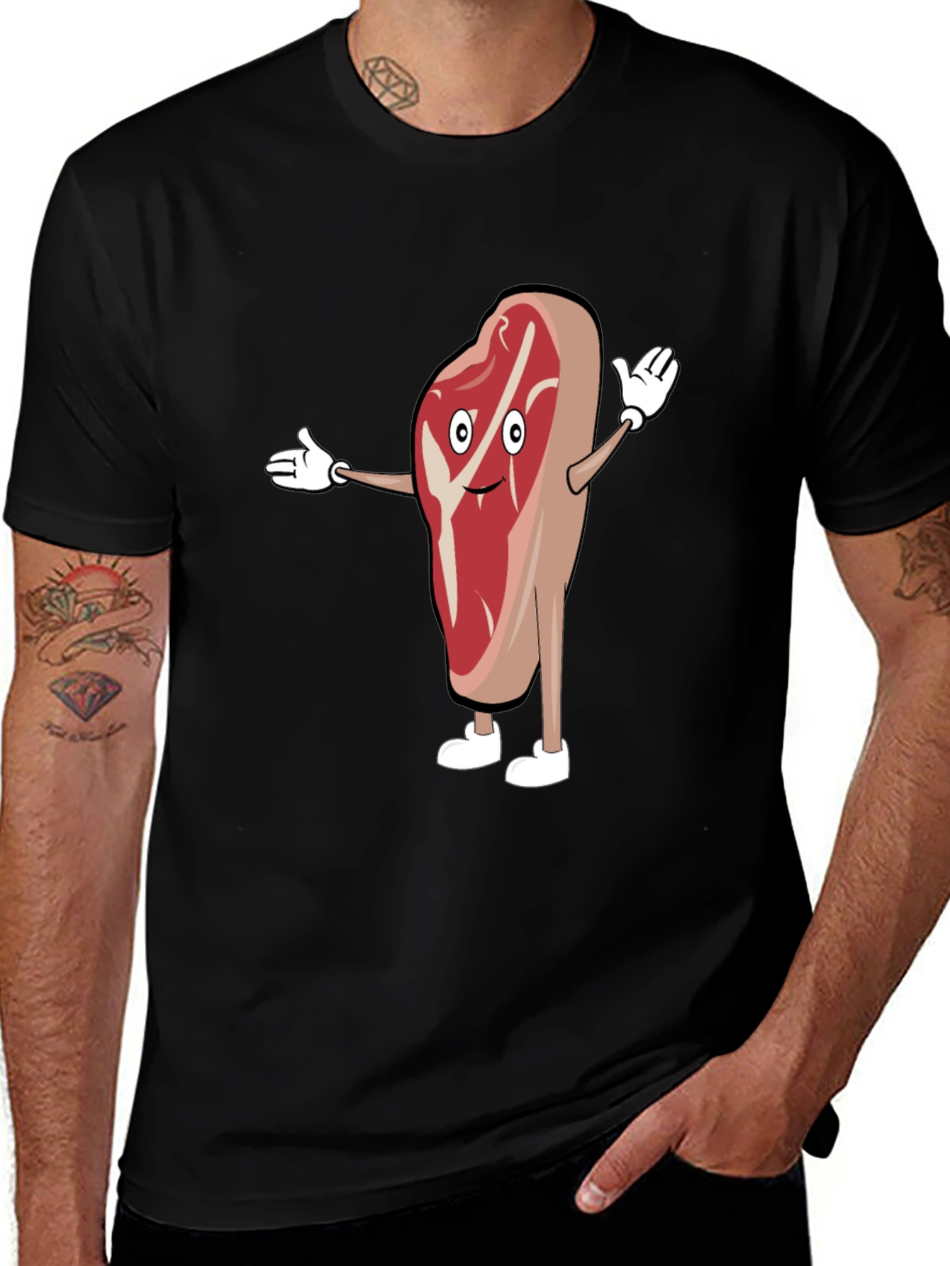 Variant 7 of Funny Cartoon Steak T-Shirt - Black