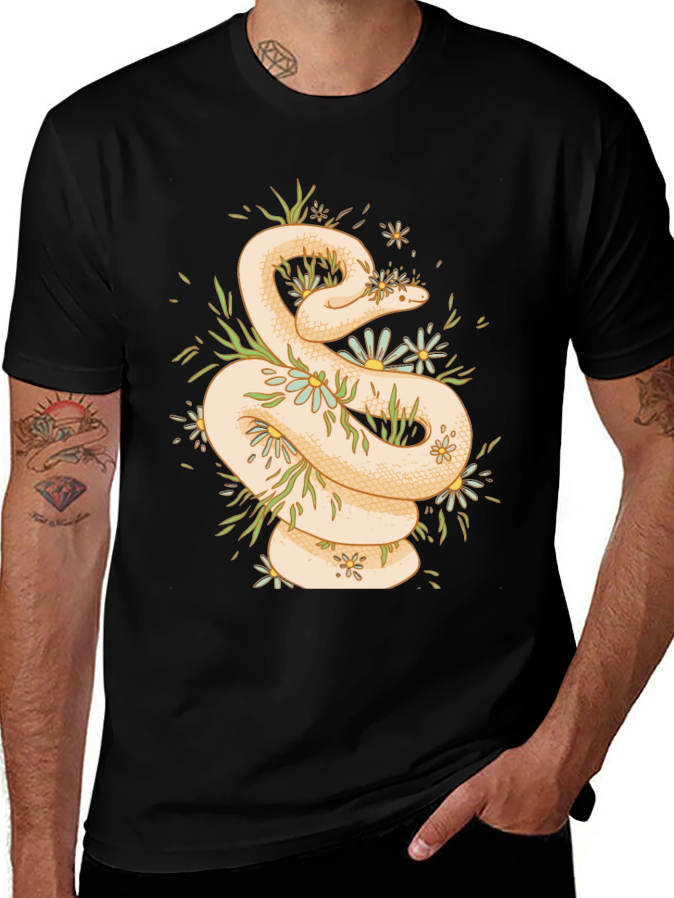 Snake & Flowers Graphic T-Shirt - Black
