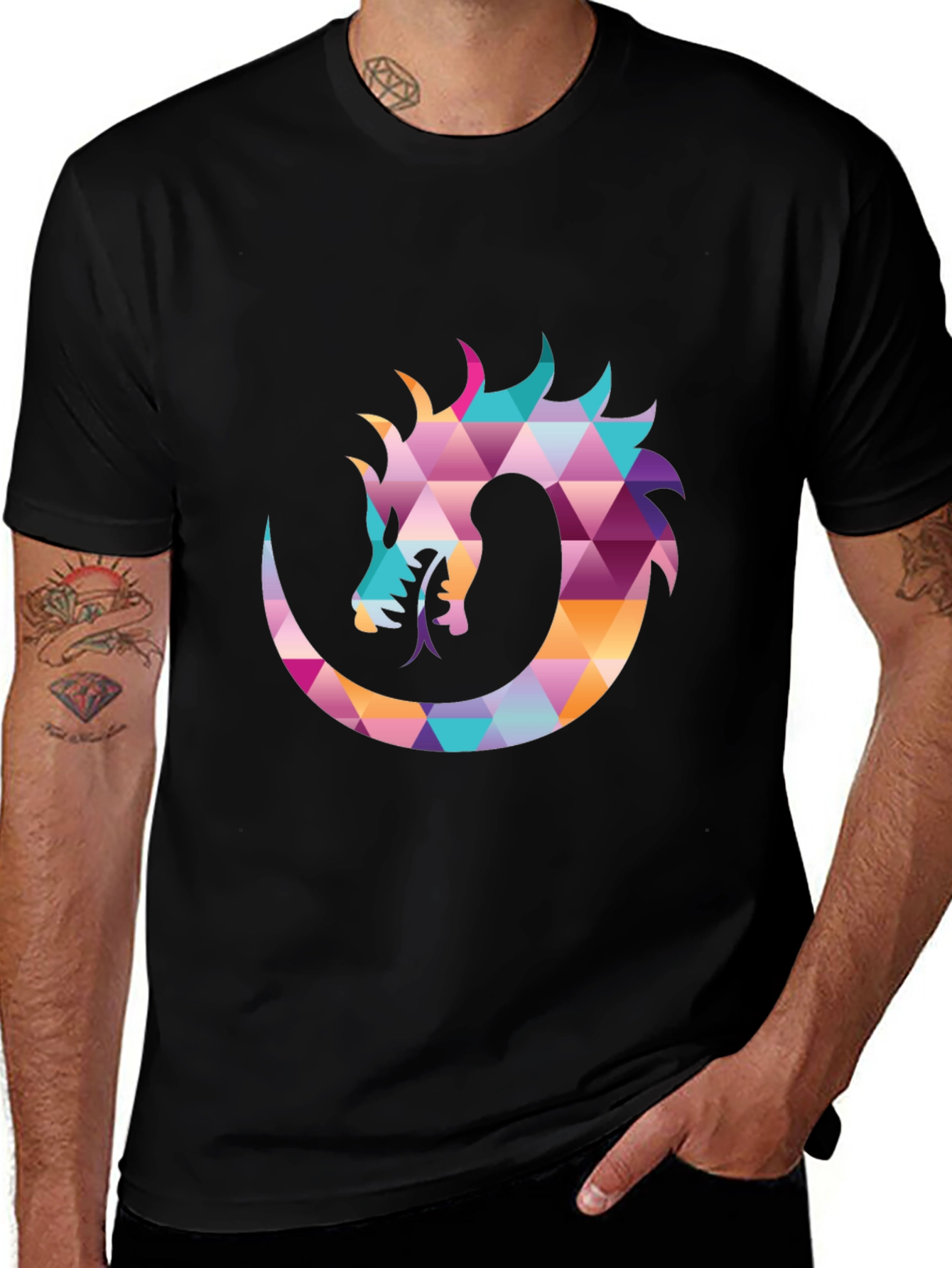 Variant 14 of Geometric Dragon Print Black T-Shirt