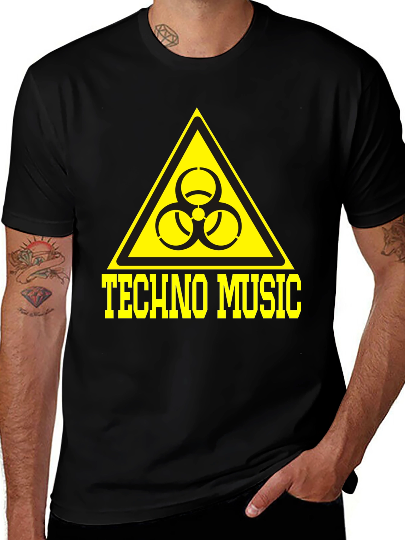 Techno Music T-Shirt Biohazard Symbol Yellow Print