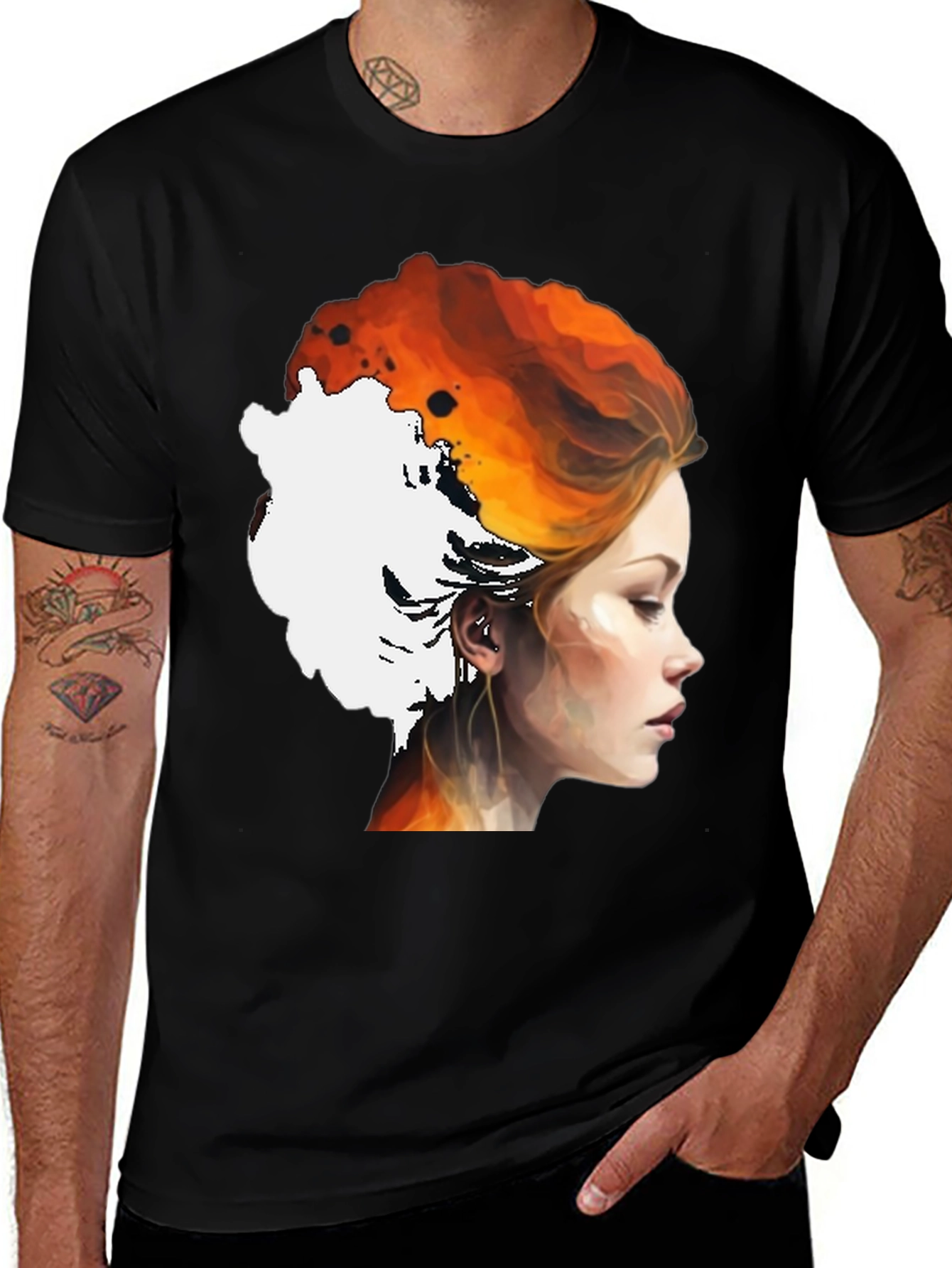 Fiery Woman Graphic Tee - Artistic Portrait Shirt