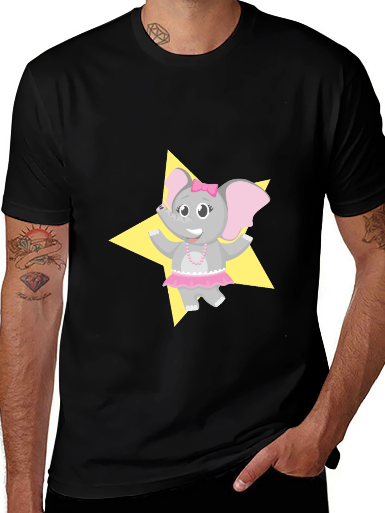Variant 23 of Cute Elephant Star Graphic Tee - Black
