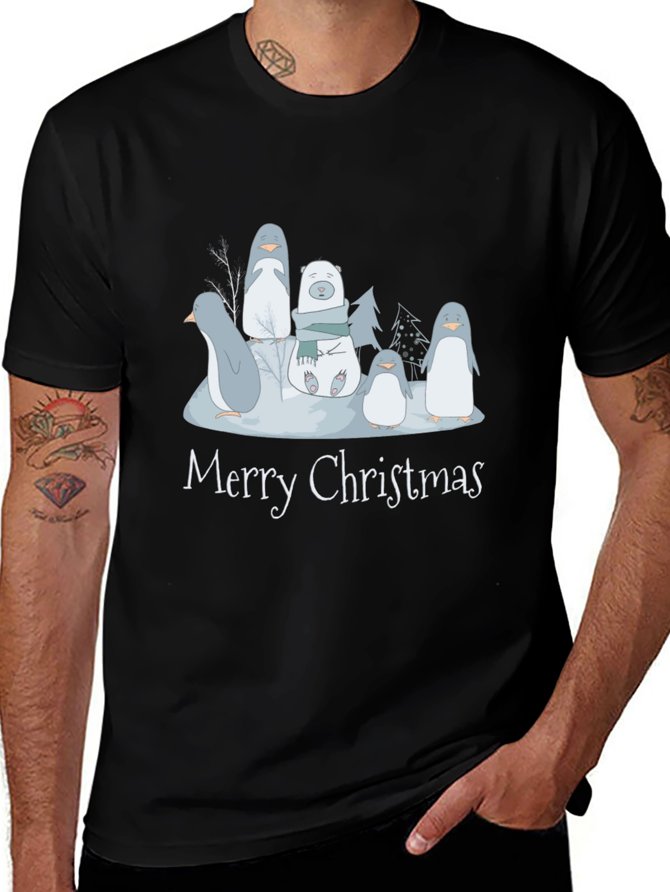 Variant 9 of Merry Christmas Penguins & Polar Bear Black T-Shirt