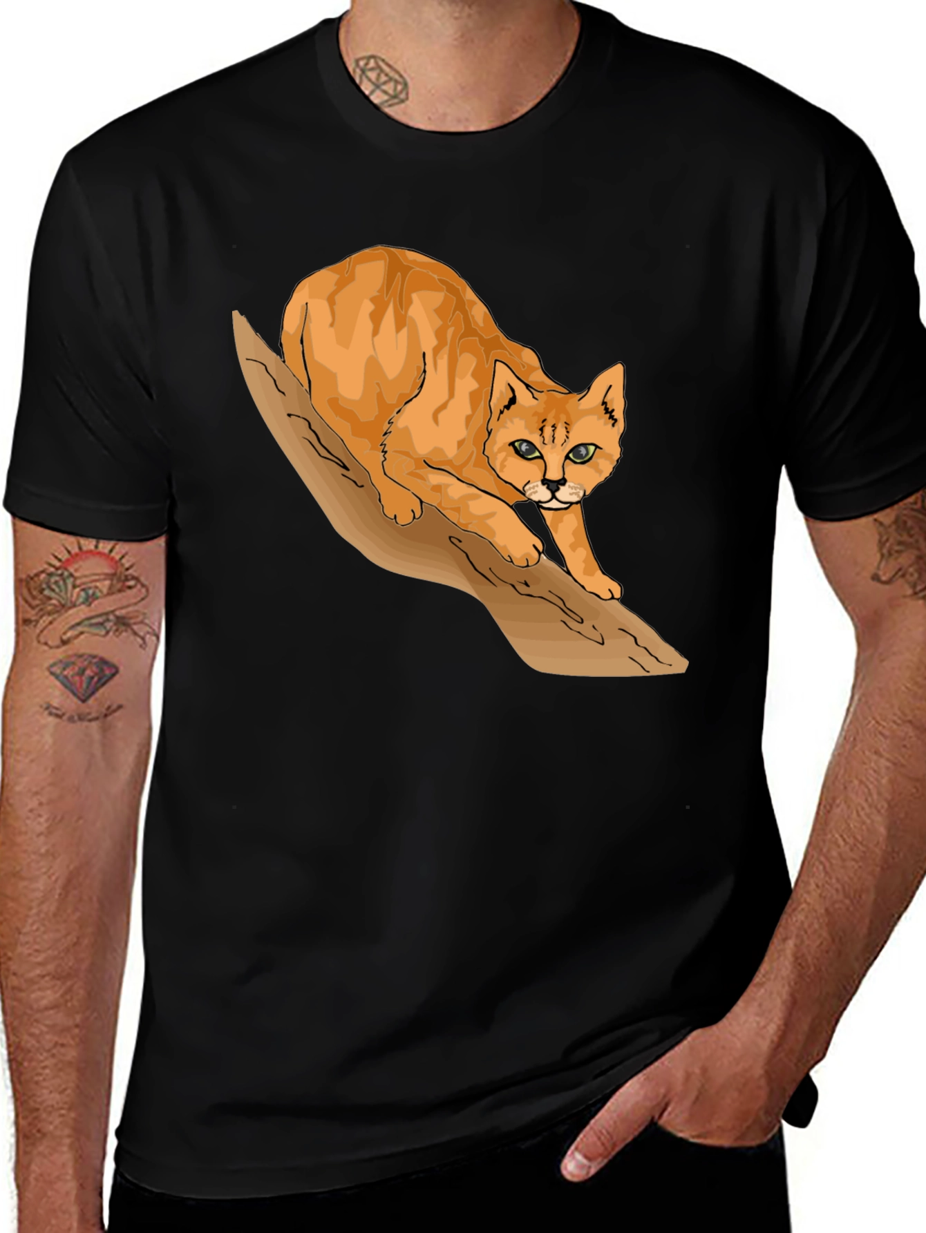 Variant 6 of Cool Cat on Branch Graphic Tee - Black T-Shirt