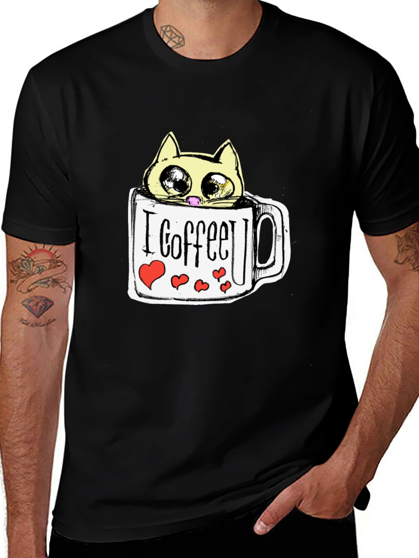 Variant 10 of Cute Cat in Coffee Mug Graphic Tee - Black