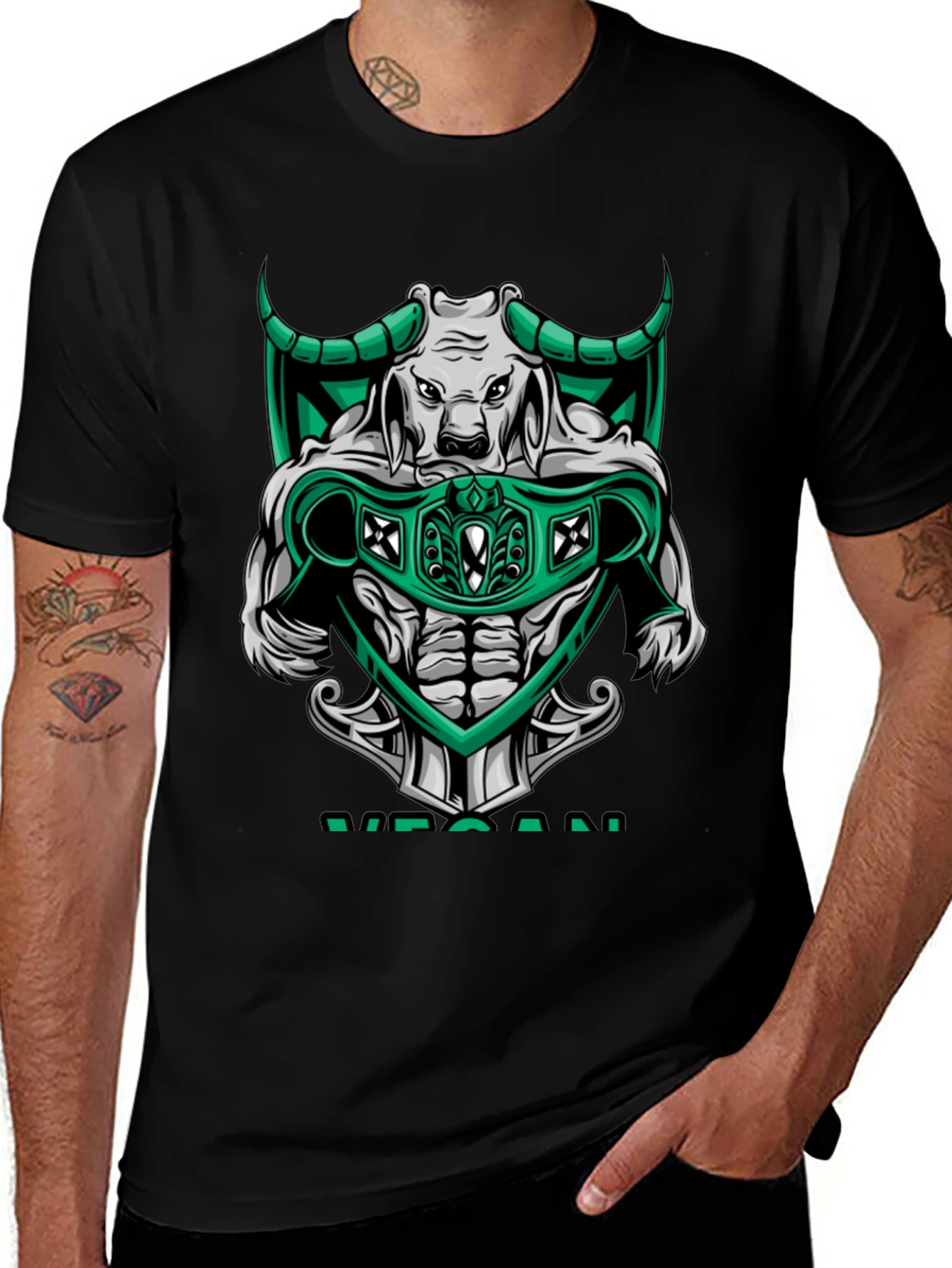 Variant 3 of Vegan Bull T-Shirt - Green & White Graphic Tee
