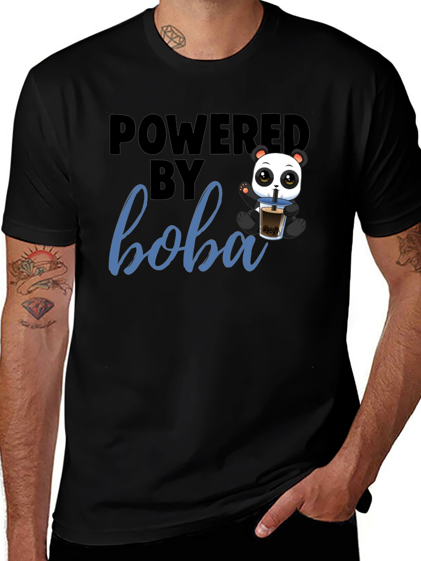 Variant 3 of Powered By Boba Black T-Shirt Panda Cute Design