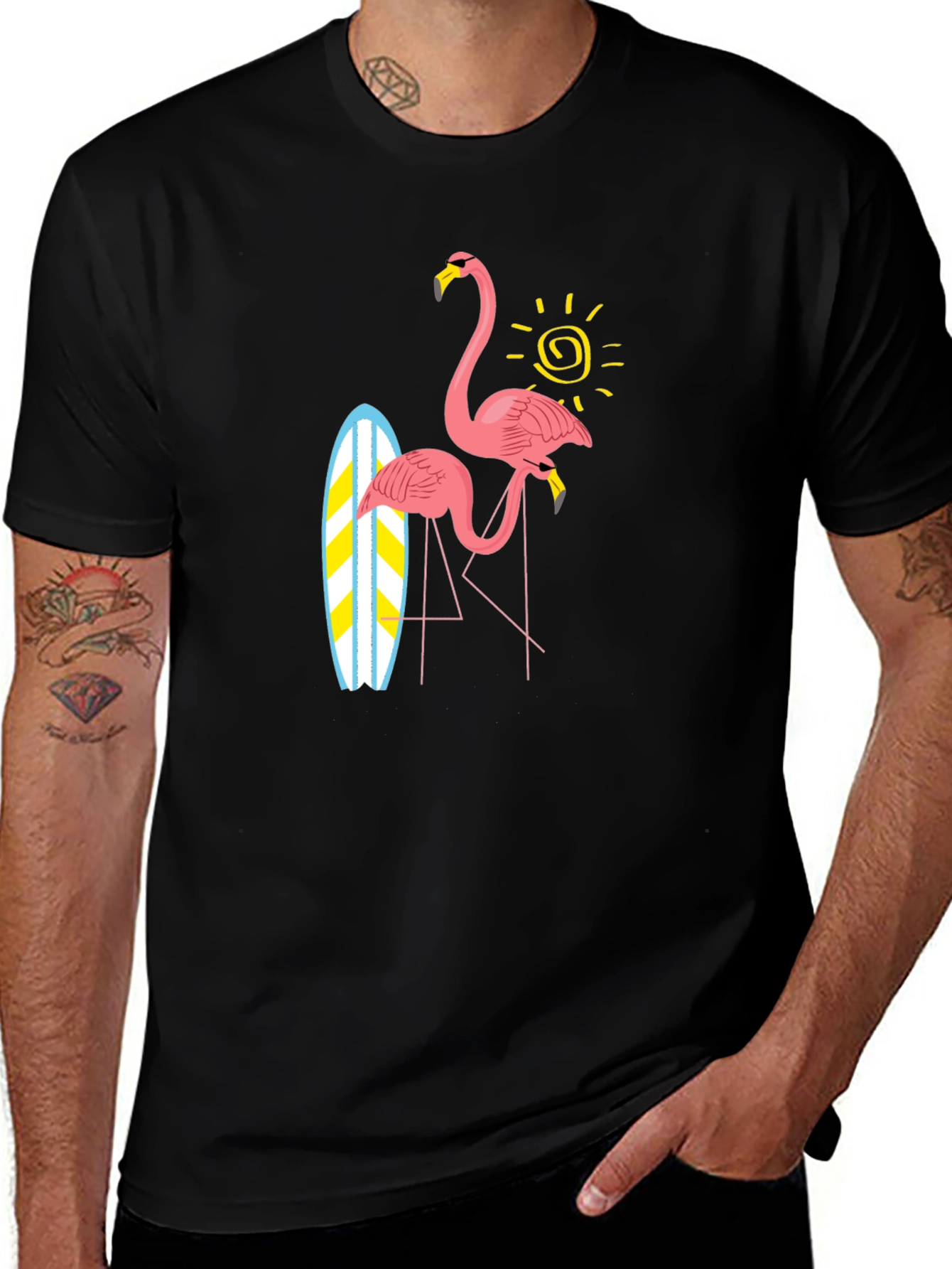 Variant 21 of Flamingo Surfboard Graphic Tee - Black